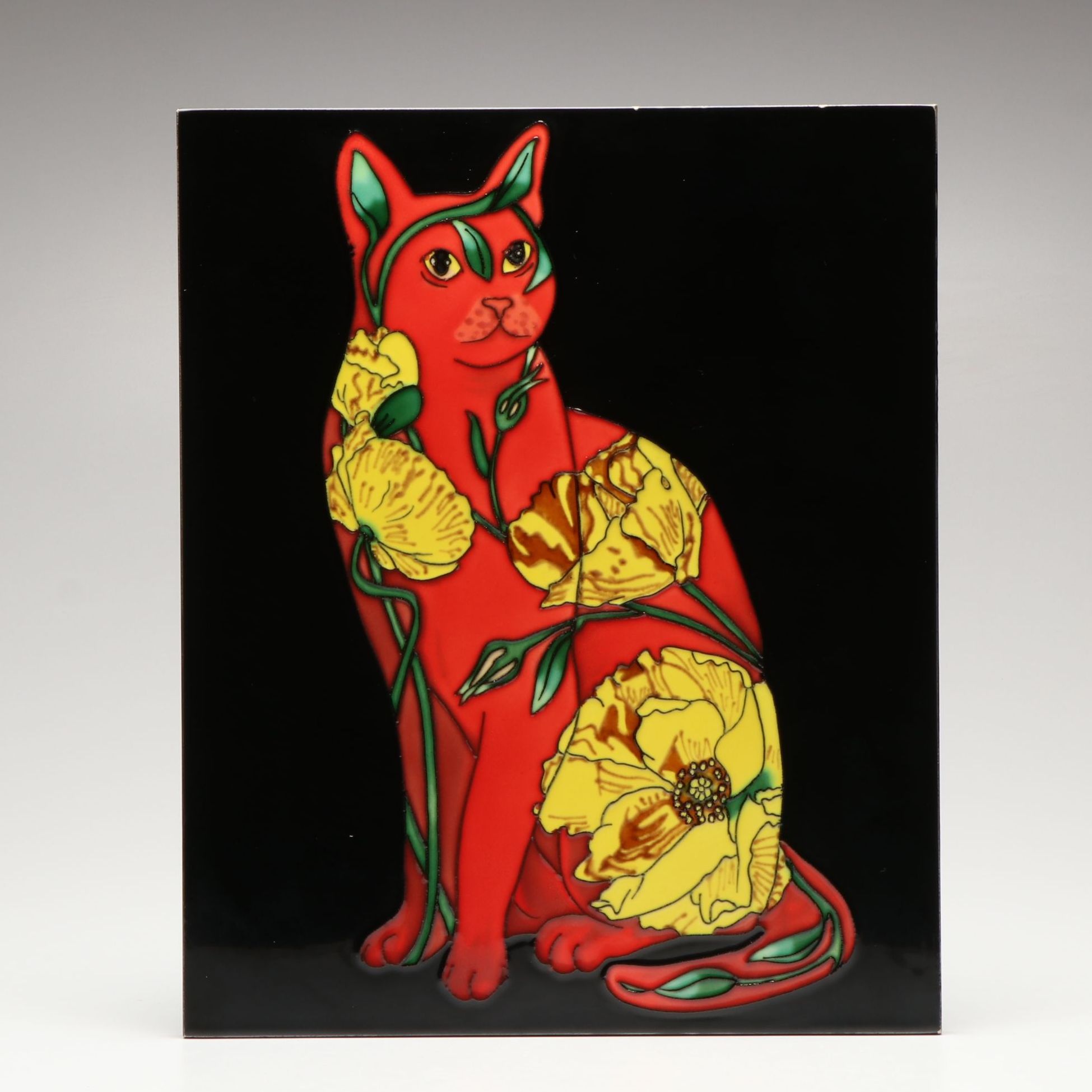 Longwy Enamel Style Composite Floral Cat Wall Hanging