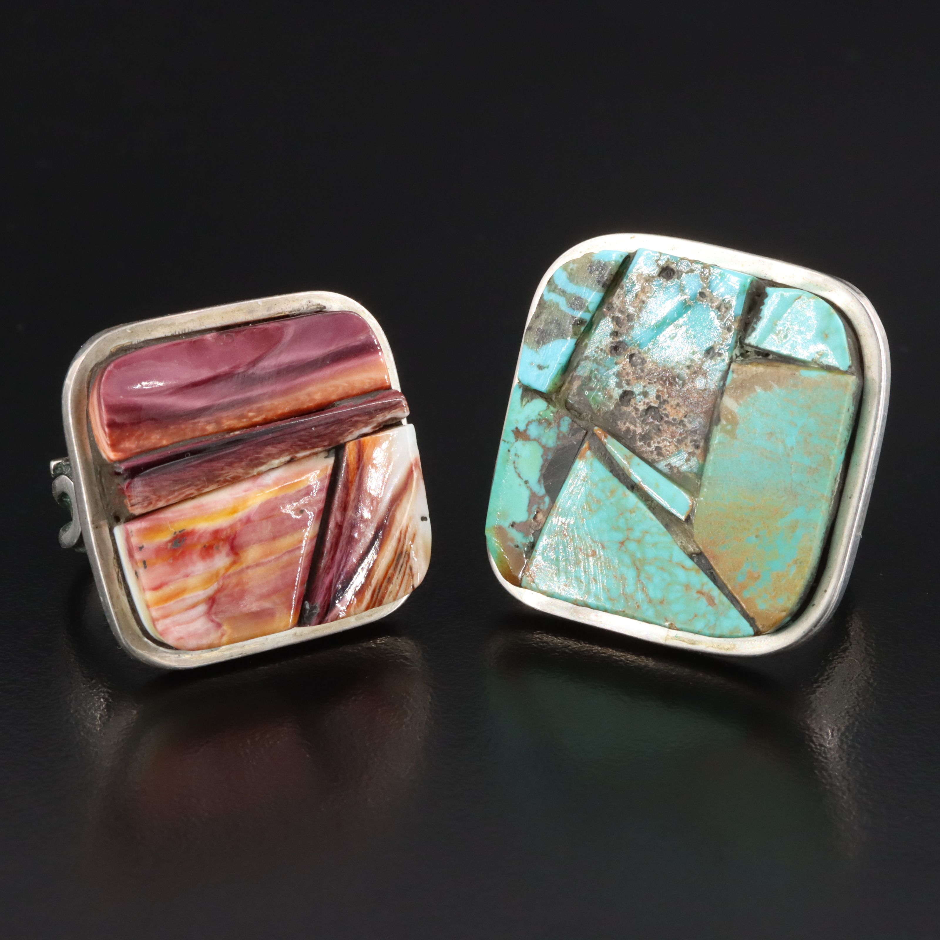 Artisan Signed Sterling Spiny Oyster and Turquoise Rings