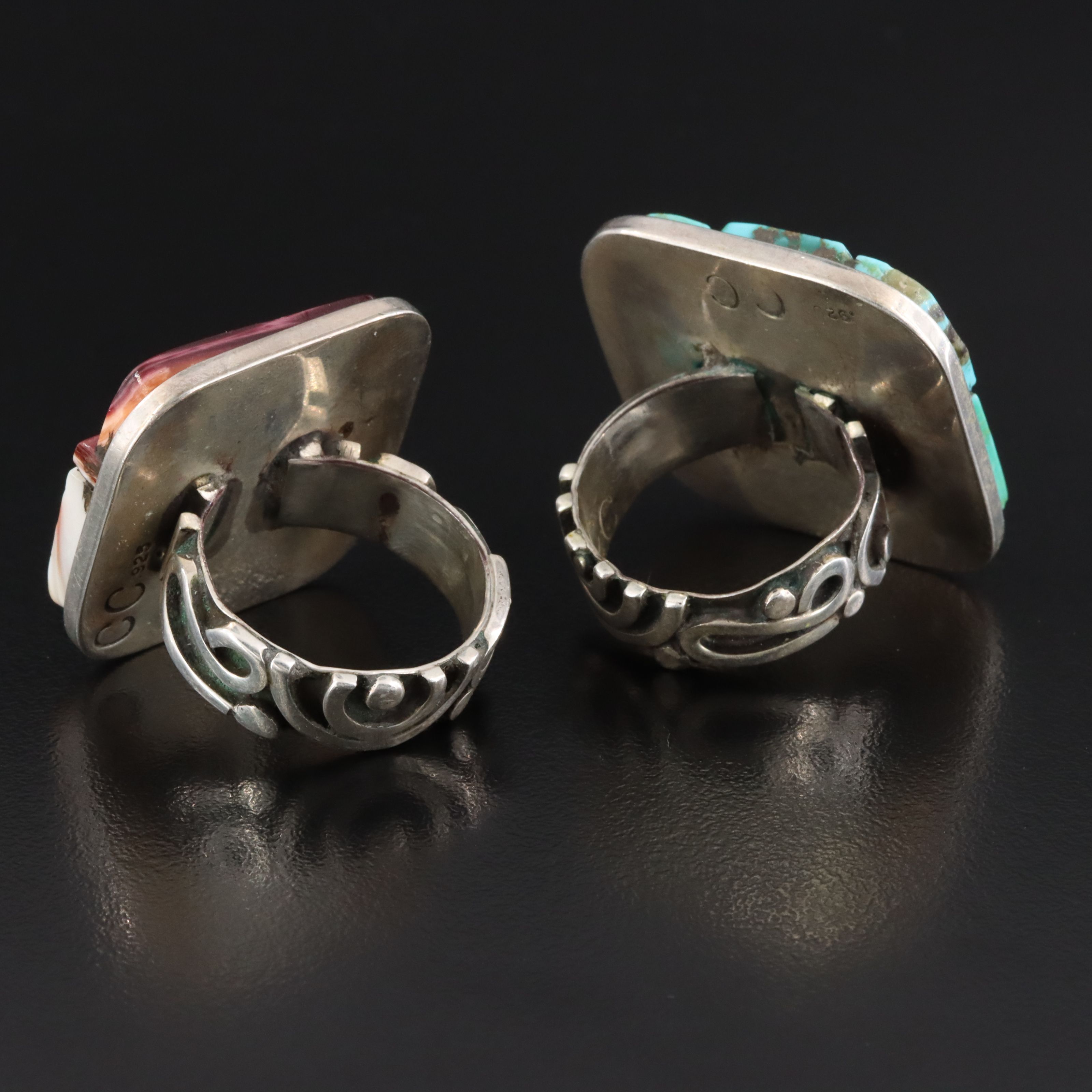 Artisan Signed Sterling Spiny Oyster and Turquoise Rings