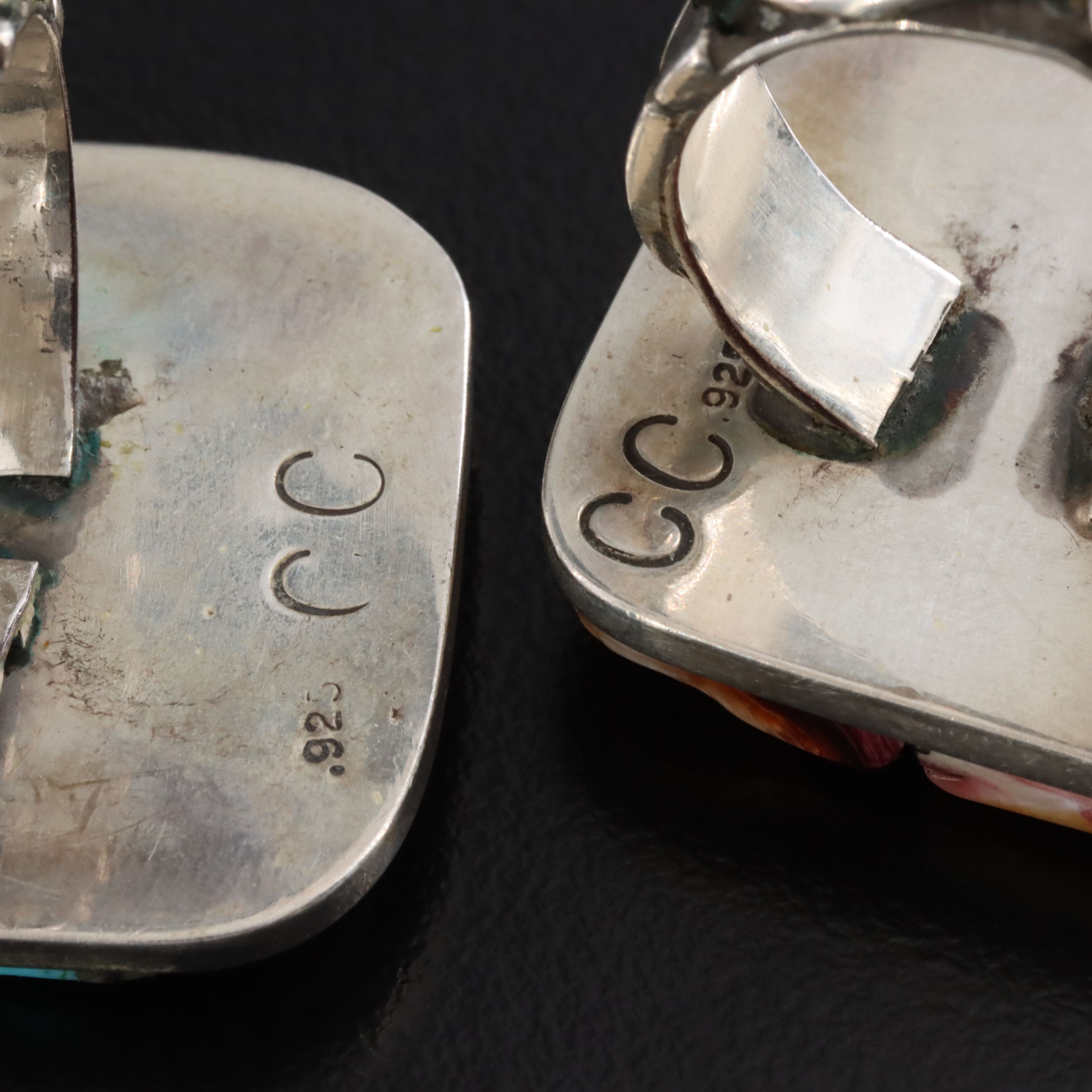 Artisan Signed Sterling Spiny Oyster and Turquoise Rings