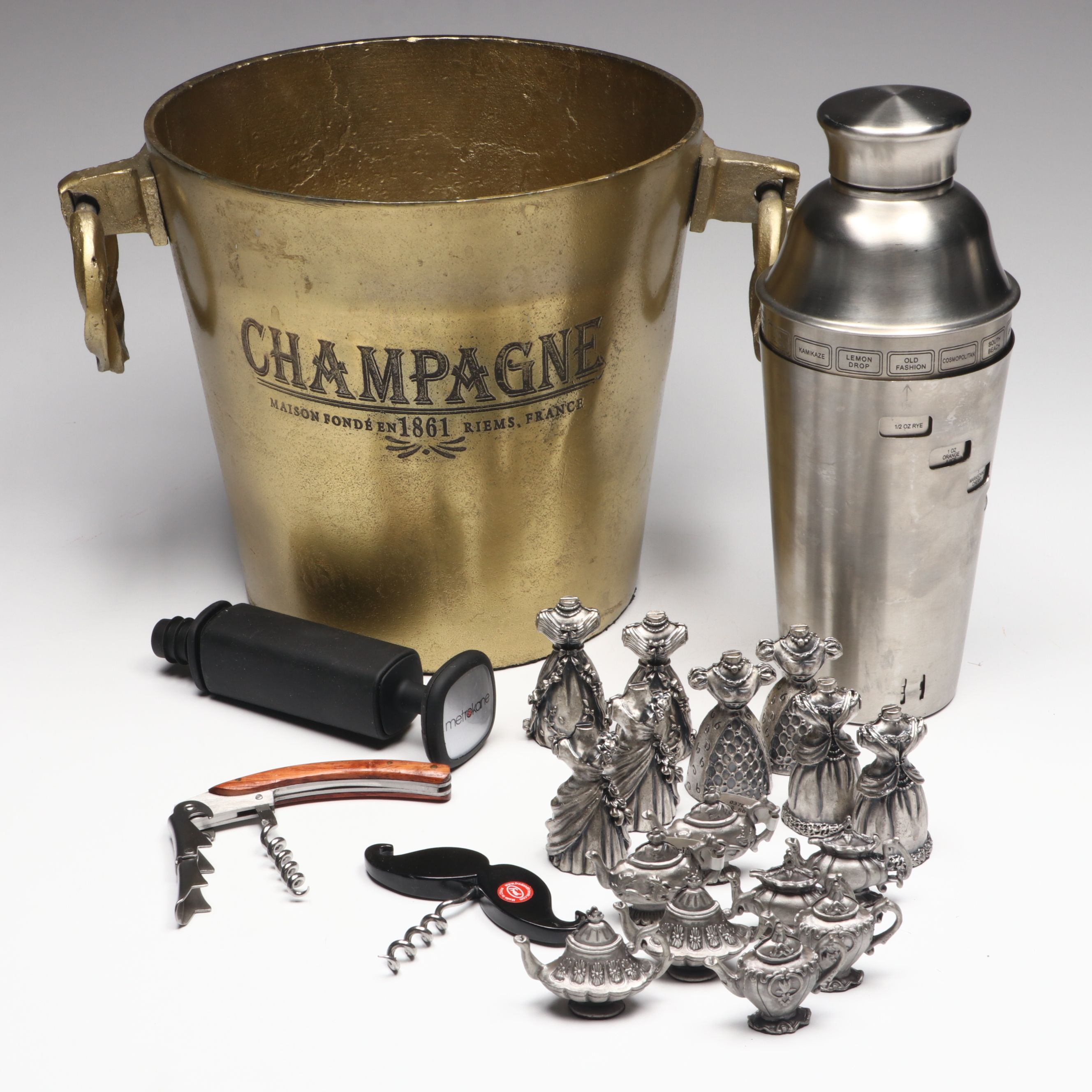 Oggi Recipe Cocktail Shaker with Brass Champagne Bucket and More Bar Accessories