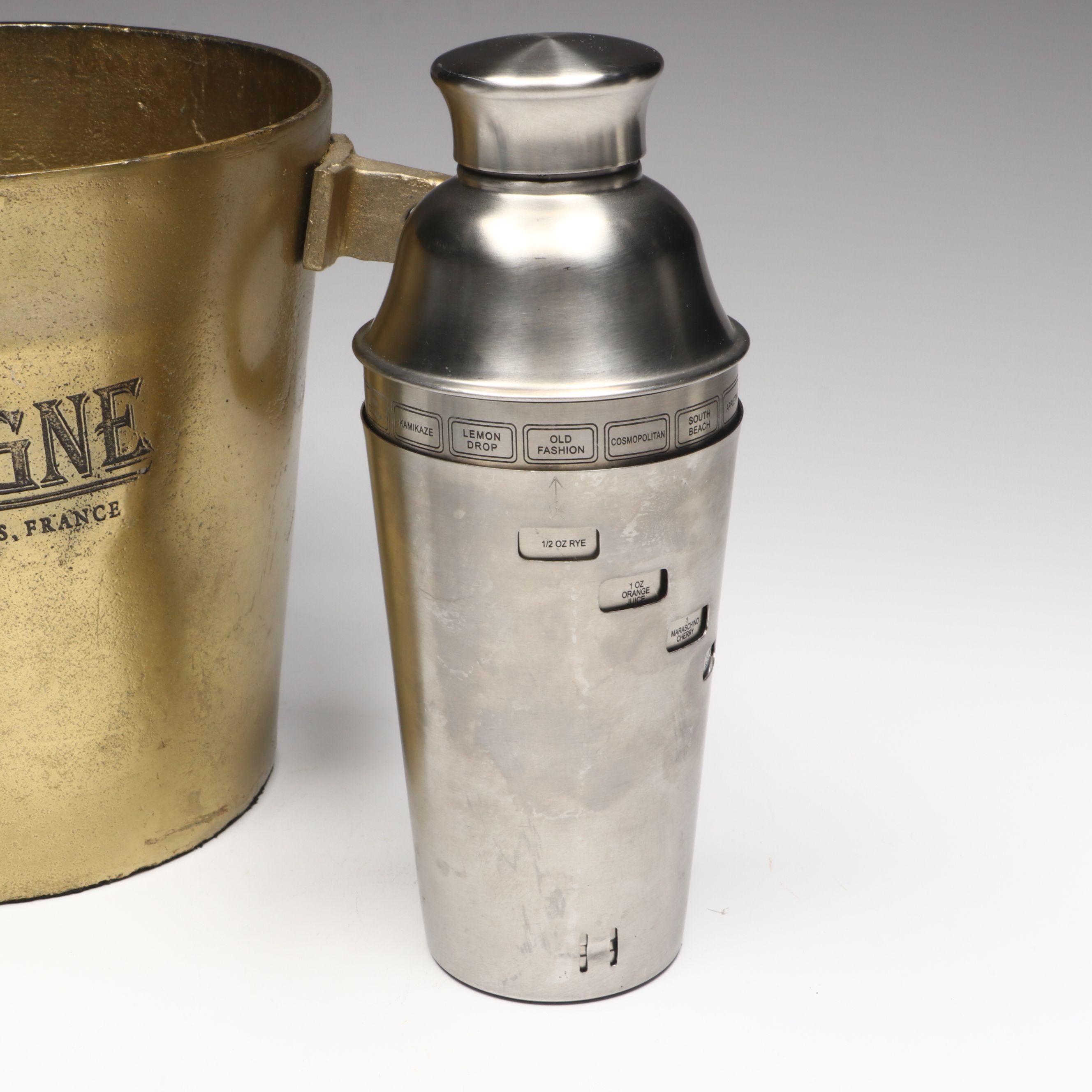 Oggi Recipe Cocktail Shaker with Brass Champagne Bucket and More Bar Accessories