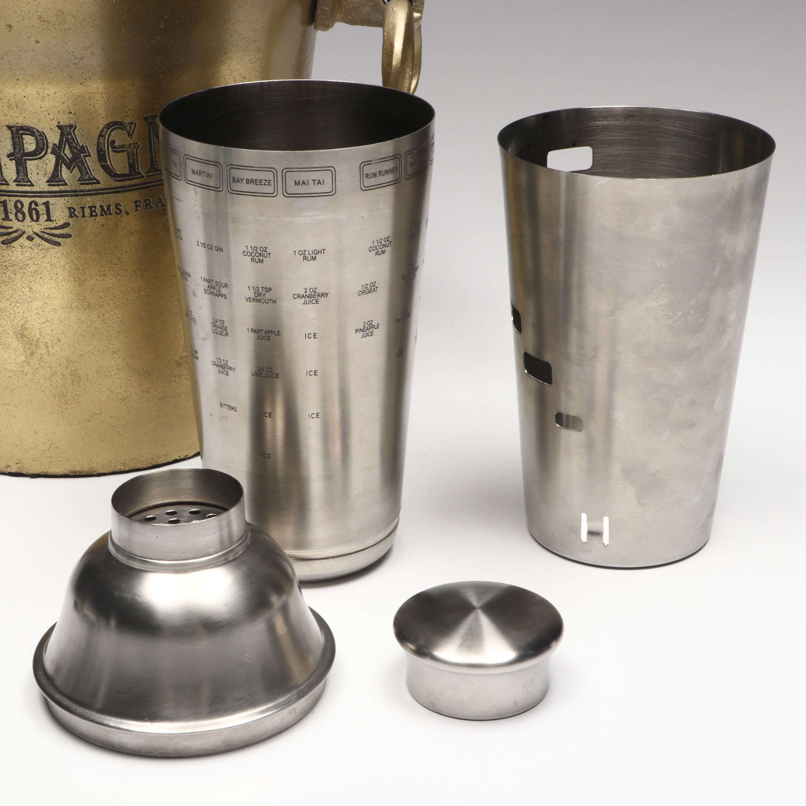 Oggi Recipe Cocktail Shaker with Brass Champagne Bucket and More Bar Accessories