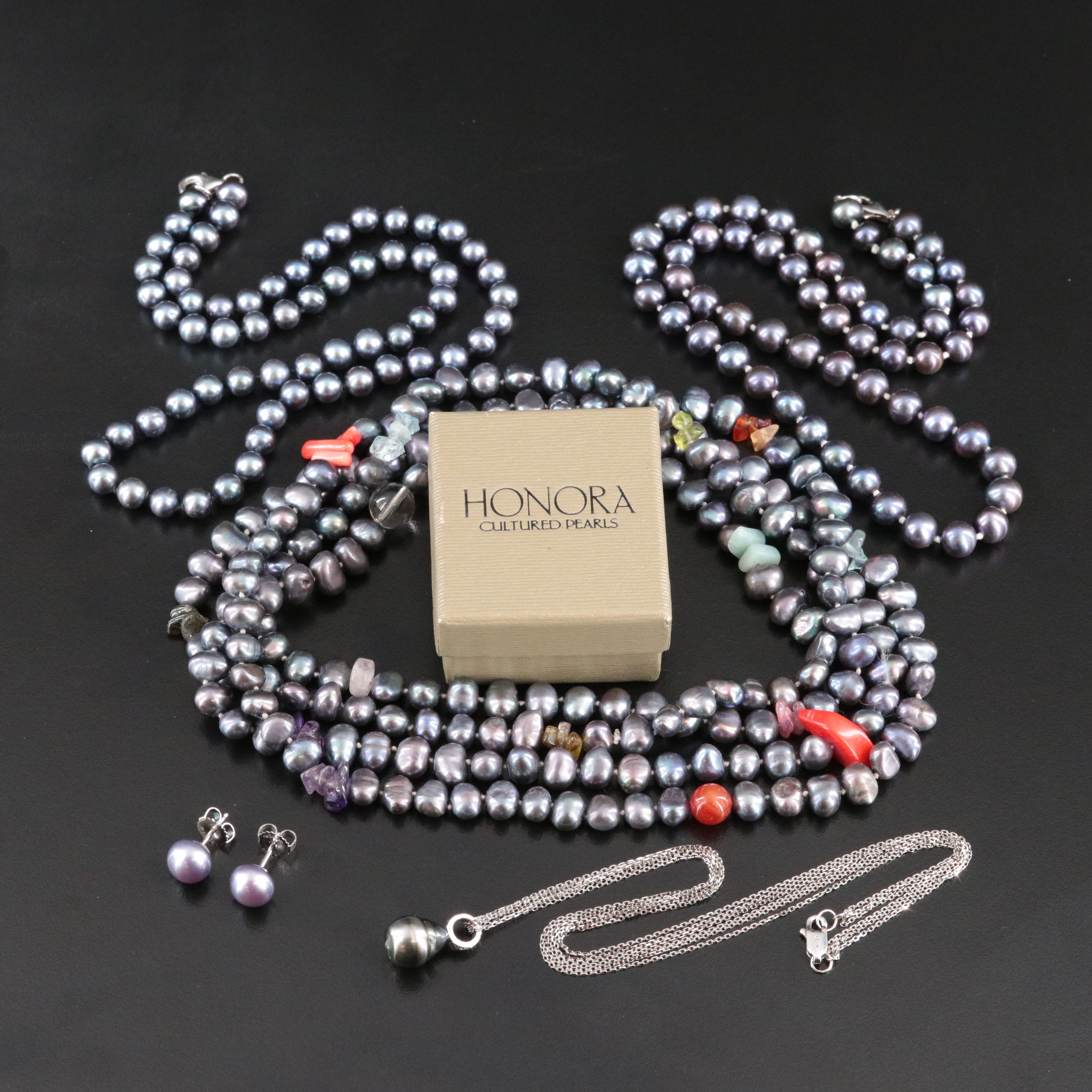 Sterling Necklace and Earring Collection with Pearl, Coral, and Diamond