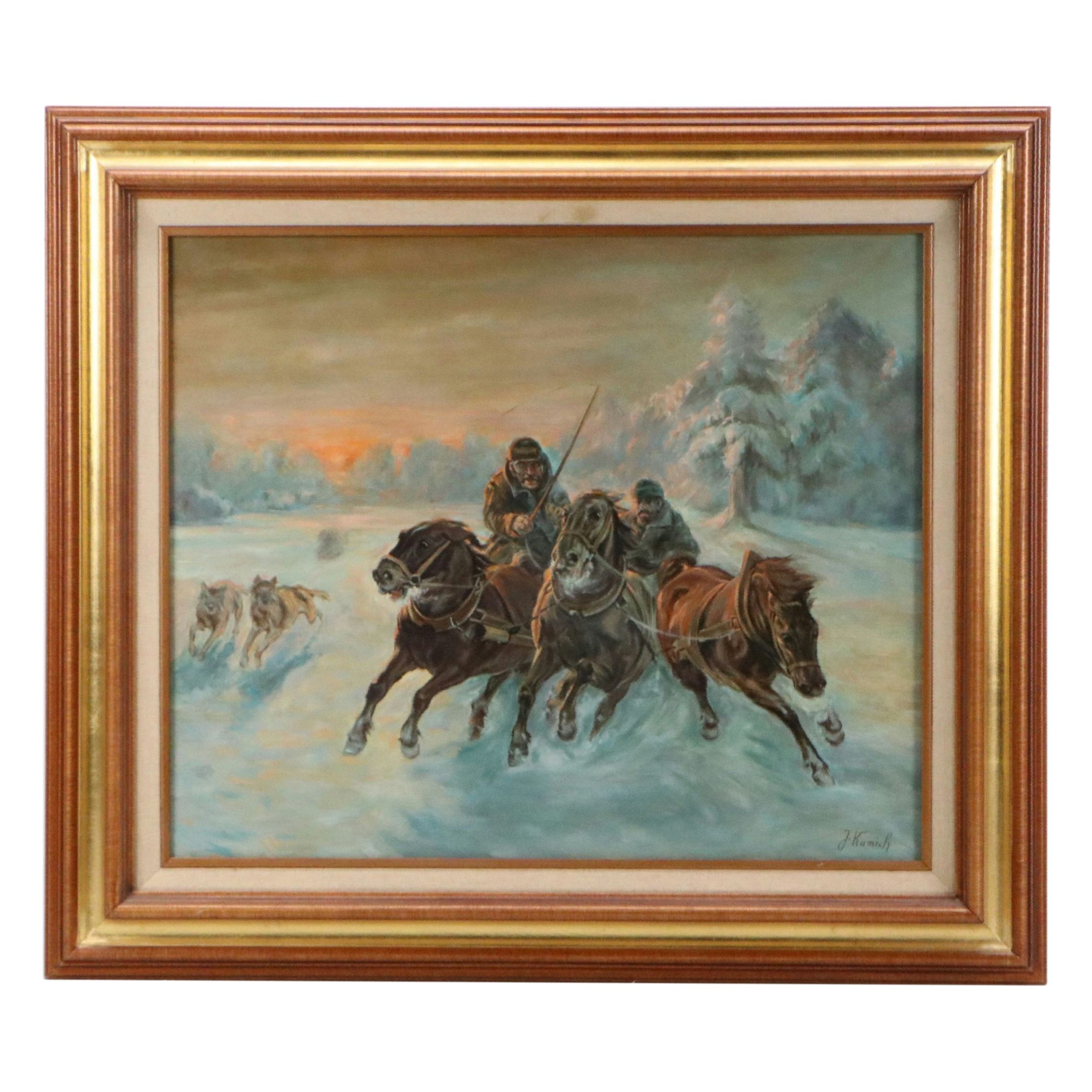 Jaroslav Kamich Oil Painting of Wolves Chasing Troika, Mid-20th to 21st C.