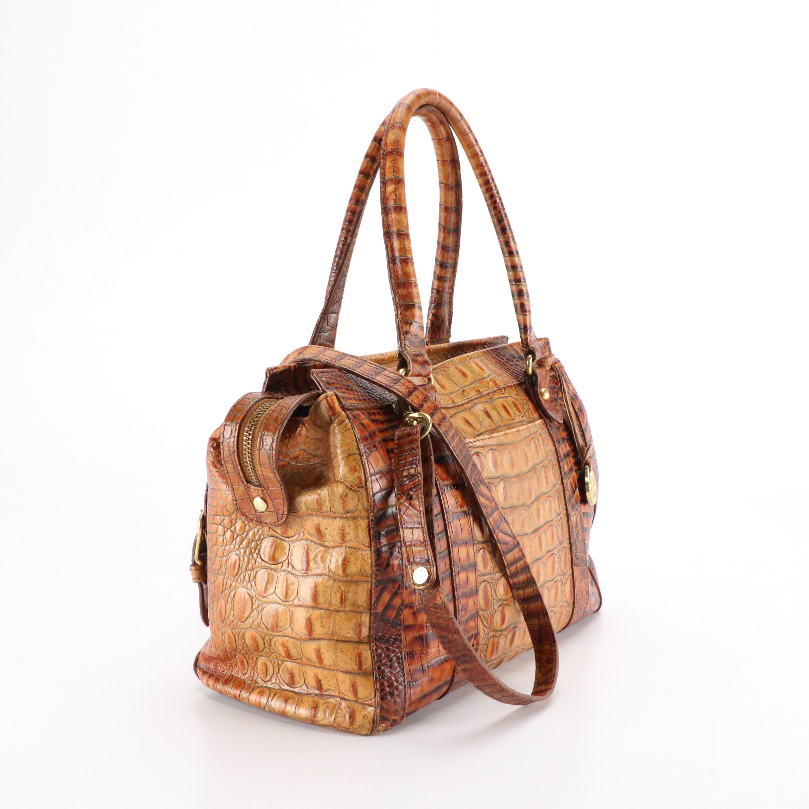 Brahmin Two-Way Satchel Bag in Toasted Almond Melbourne Croc Embossed Leather