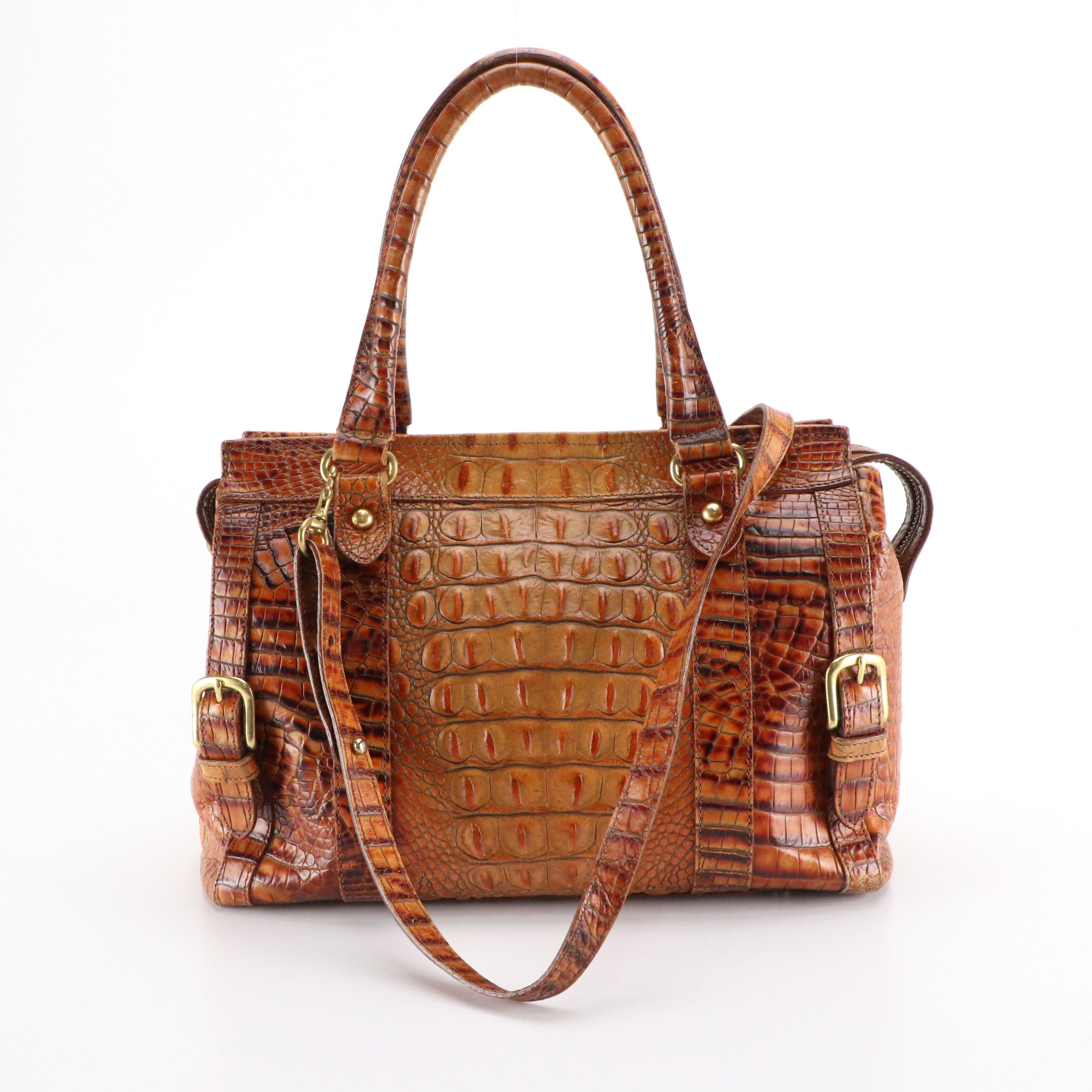 Brahmin Two-Way Satchel Bag in Toasted Almond Melbourne Croc Embossed Leather