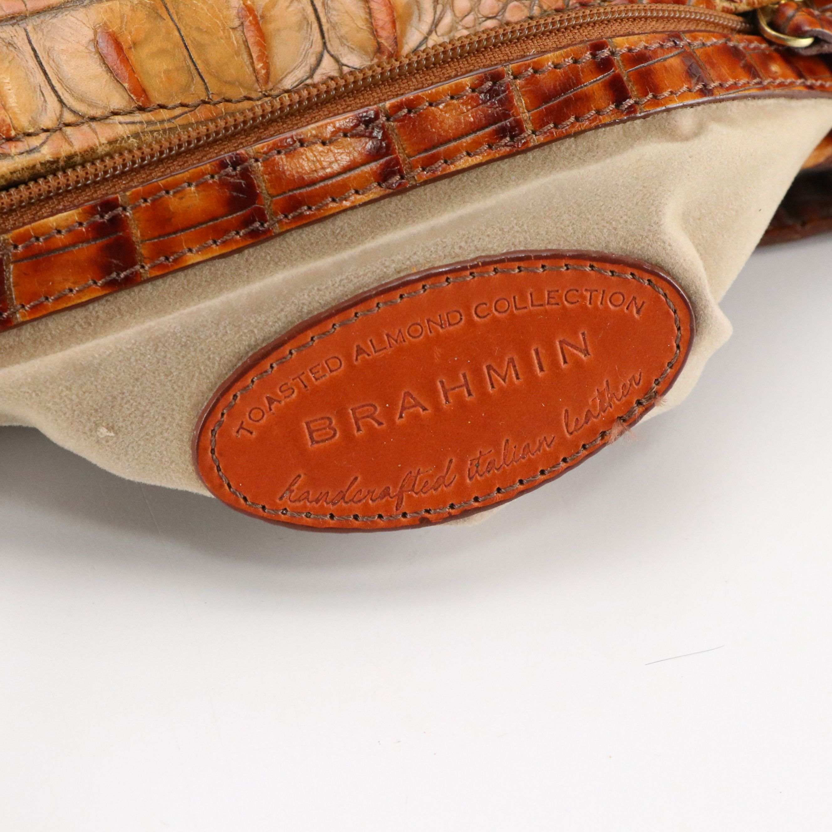 Brahmin Two-Way Satchel Bag in Toasted Almond Melbourne Croc Embossed Leather