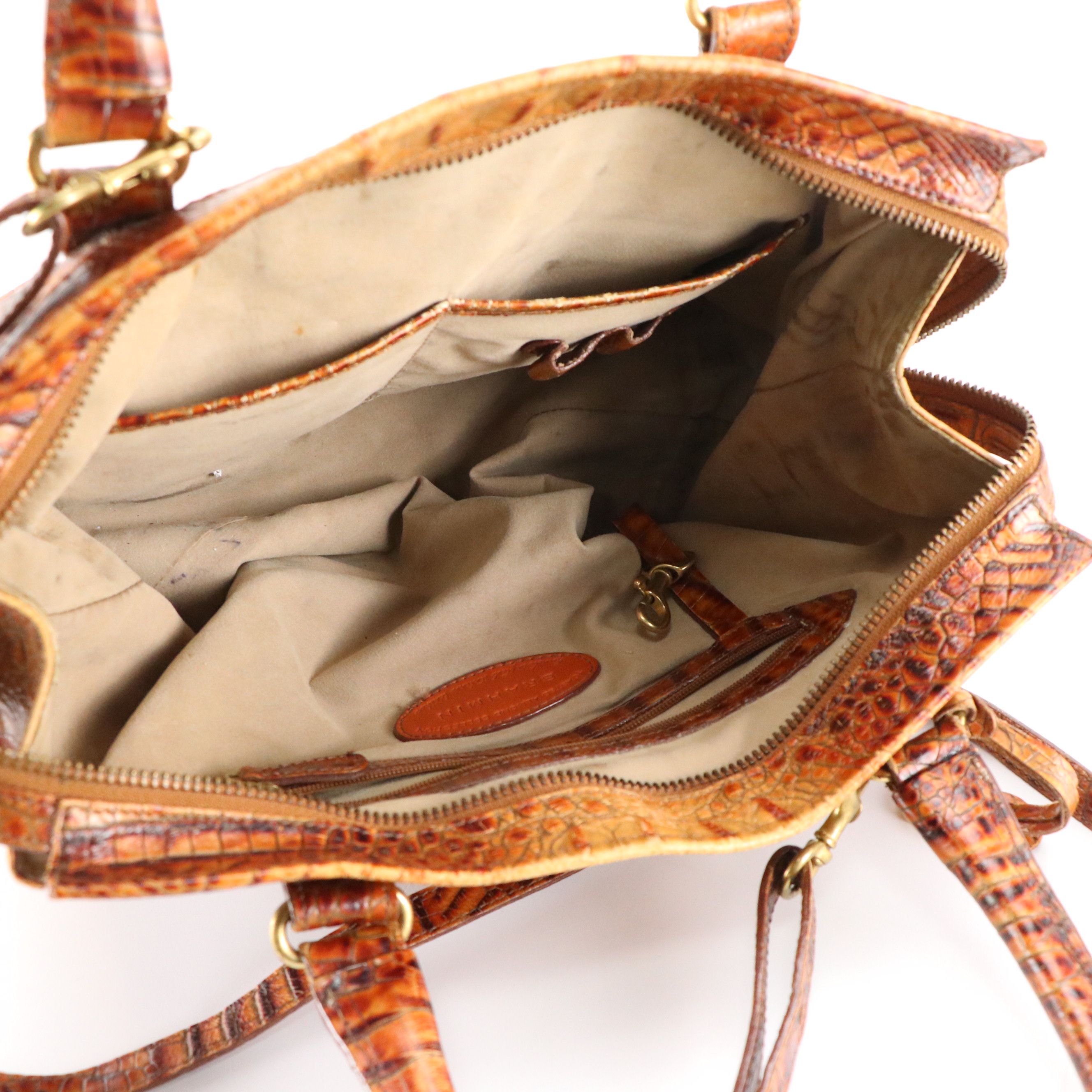 Brahmin Two-Way Satchel Bag in Toasted Almond Melbourne Croc Embossed Leather