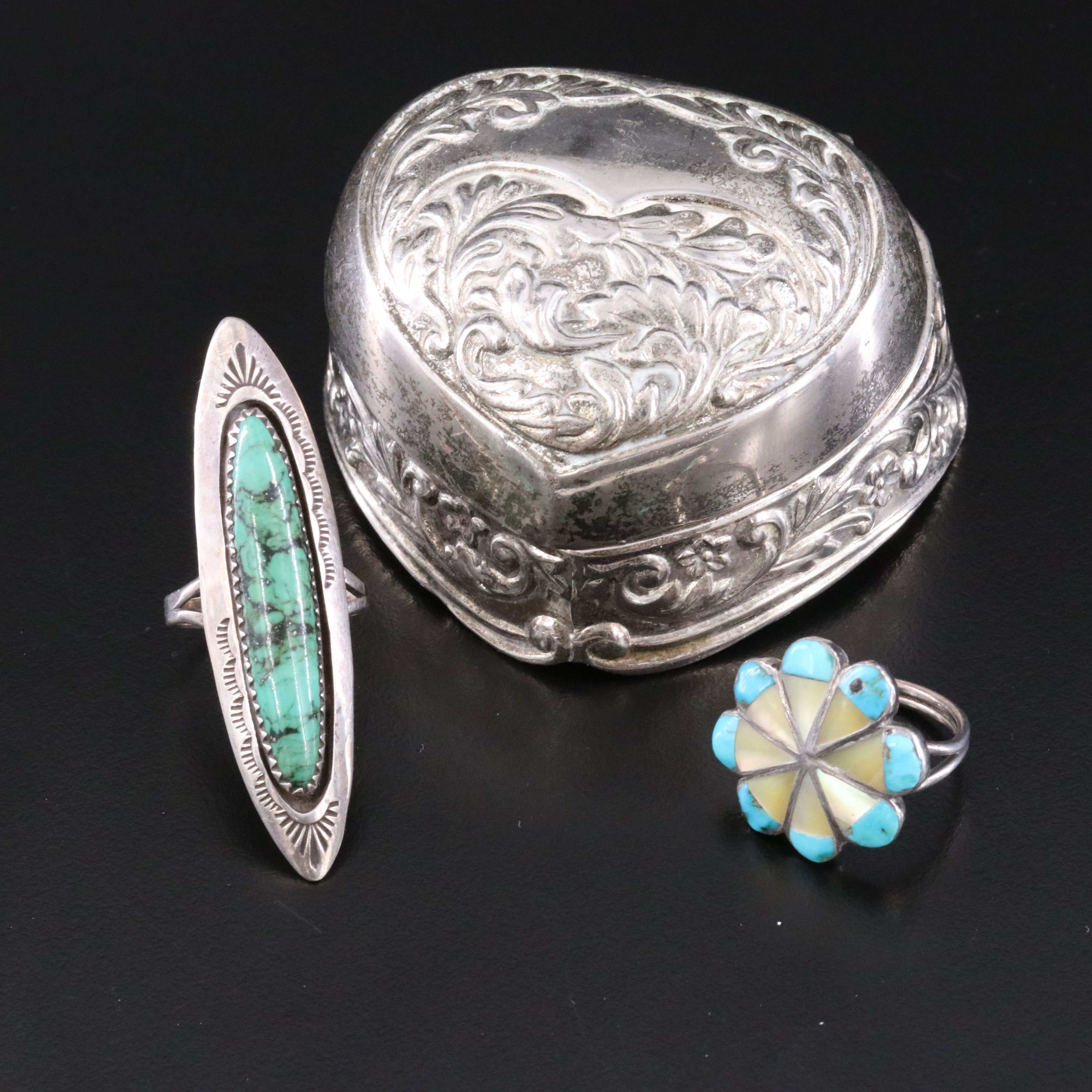 Southwestern Sterling Turquoise Pointer and Mother-of-Pearl Rings with Ring Box
