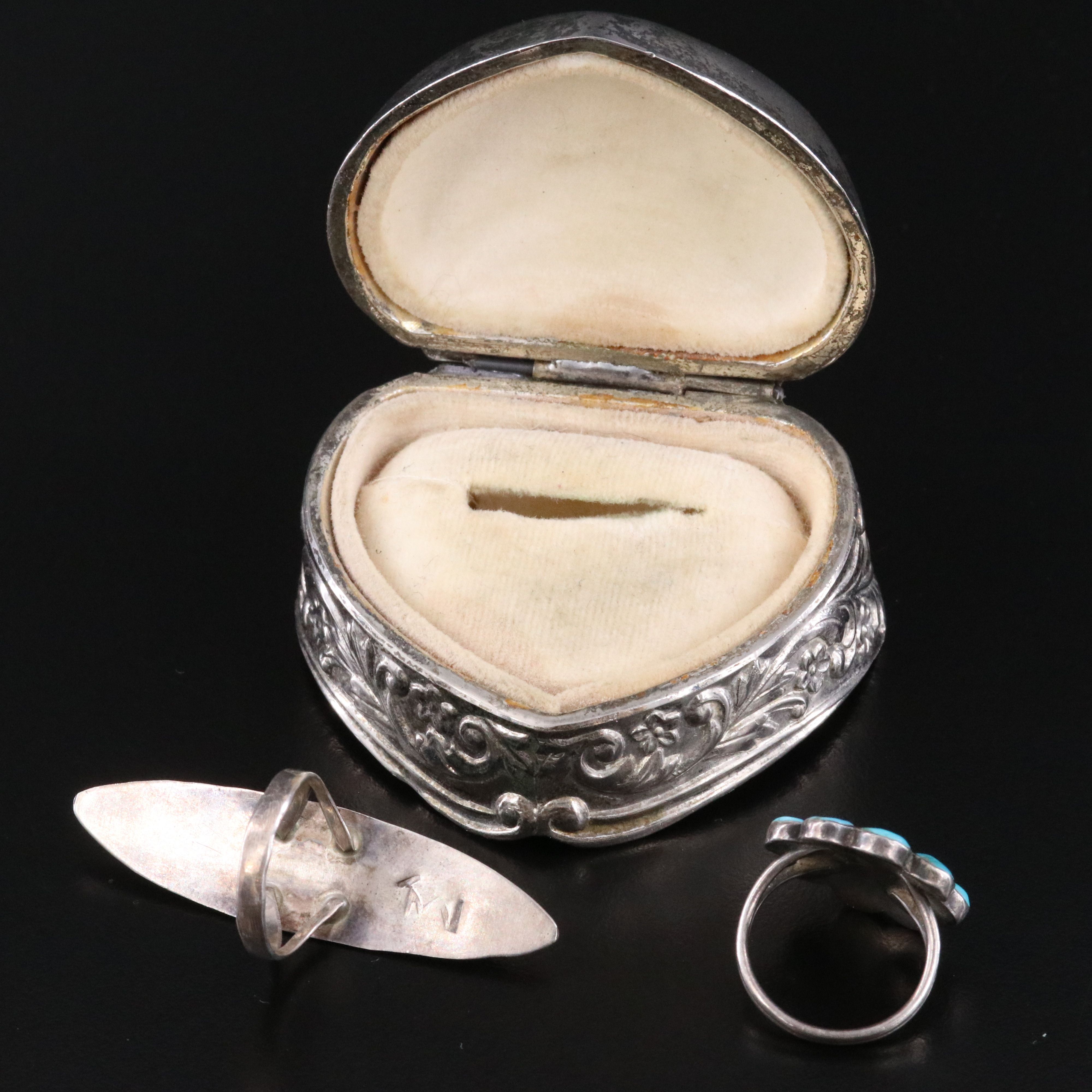 Southwestern Sterling Turquoise Pointer and Mother-of-Pearl Rings with Ring Box