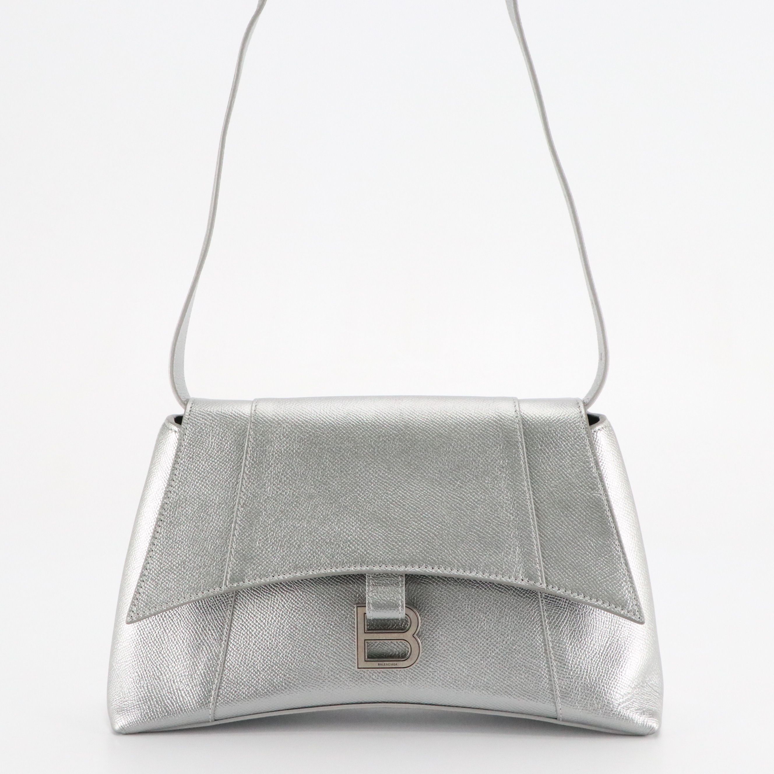 Balenciaga Medium Downtown Shoulder Bag in Silver Metallic Grained Leather