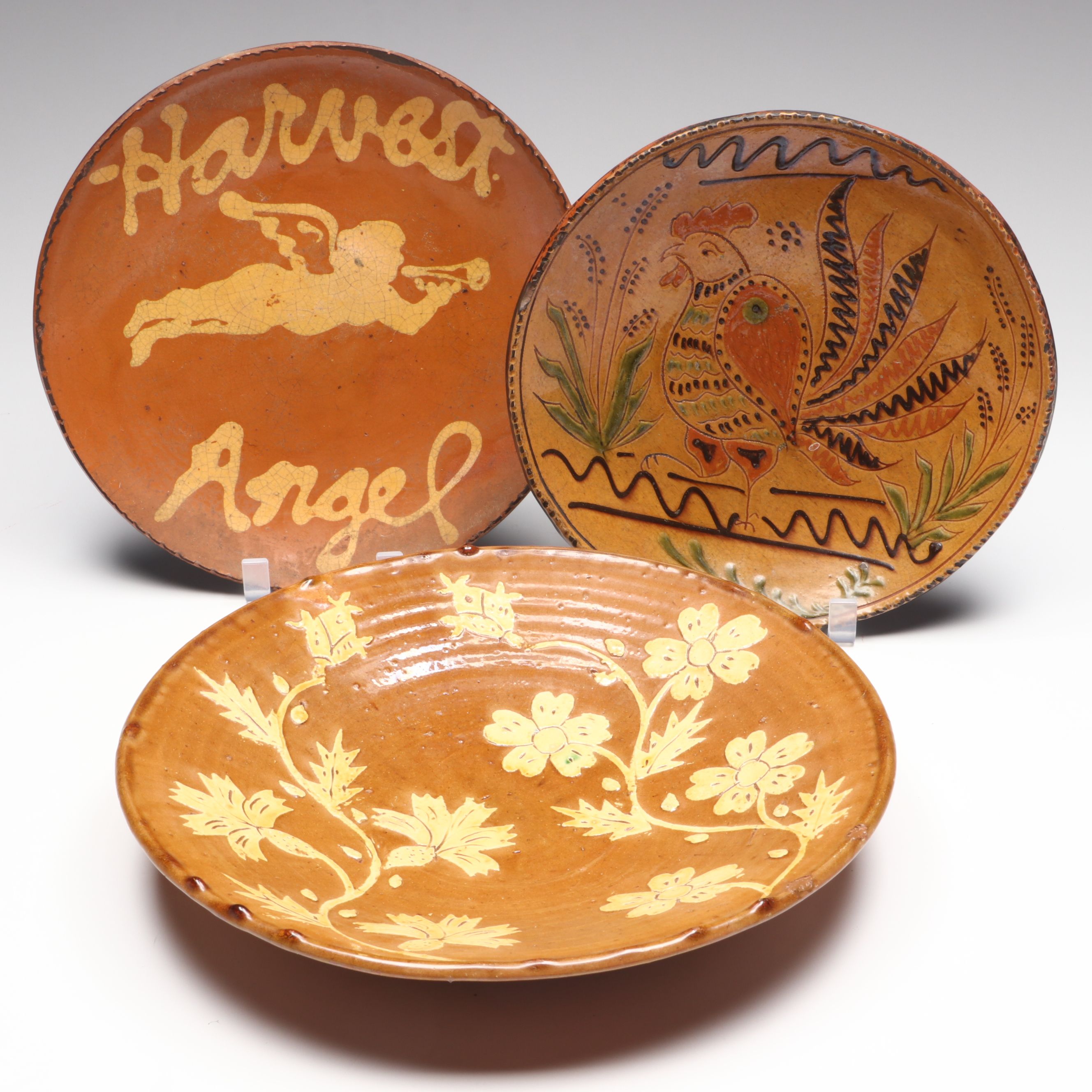 Mary Spellmire Shooner with Other American Slip Decorated Redware Chargers