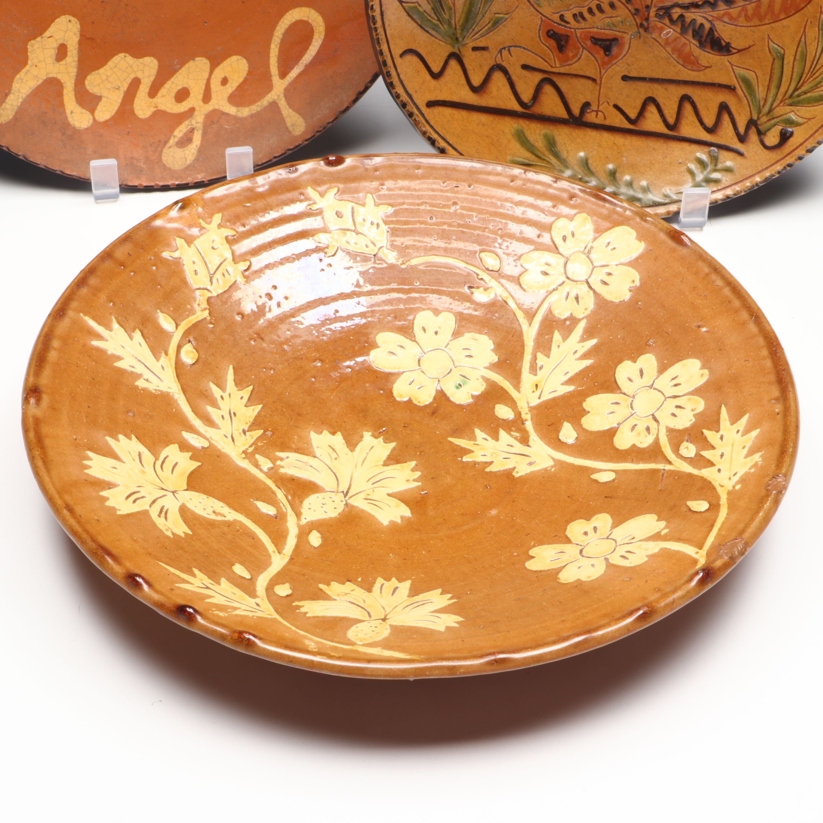 Mary Spellmire Shooner with Other American Slip Decorated Redware Chargers