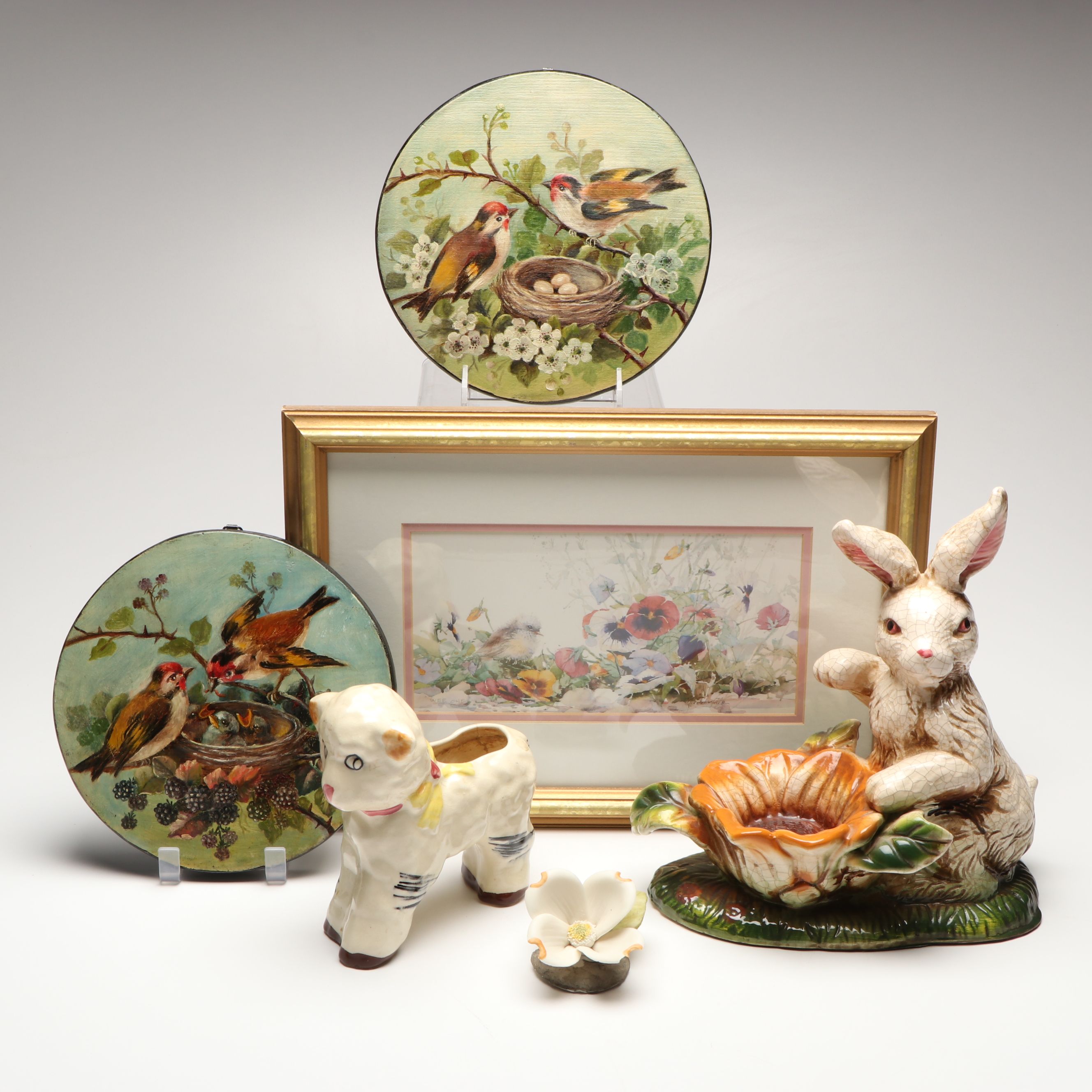 Hand-Painted Nesting Goldfinch Plaques with Ceramic Bunny and More Décor