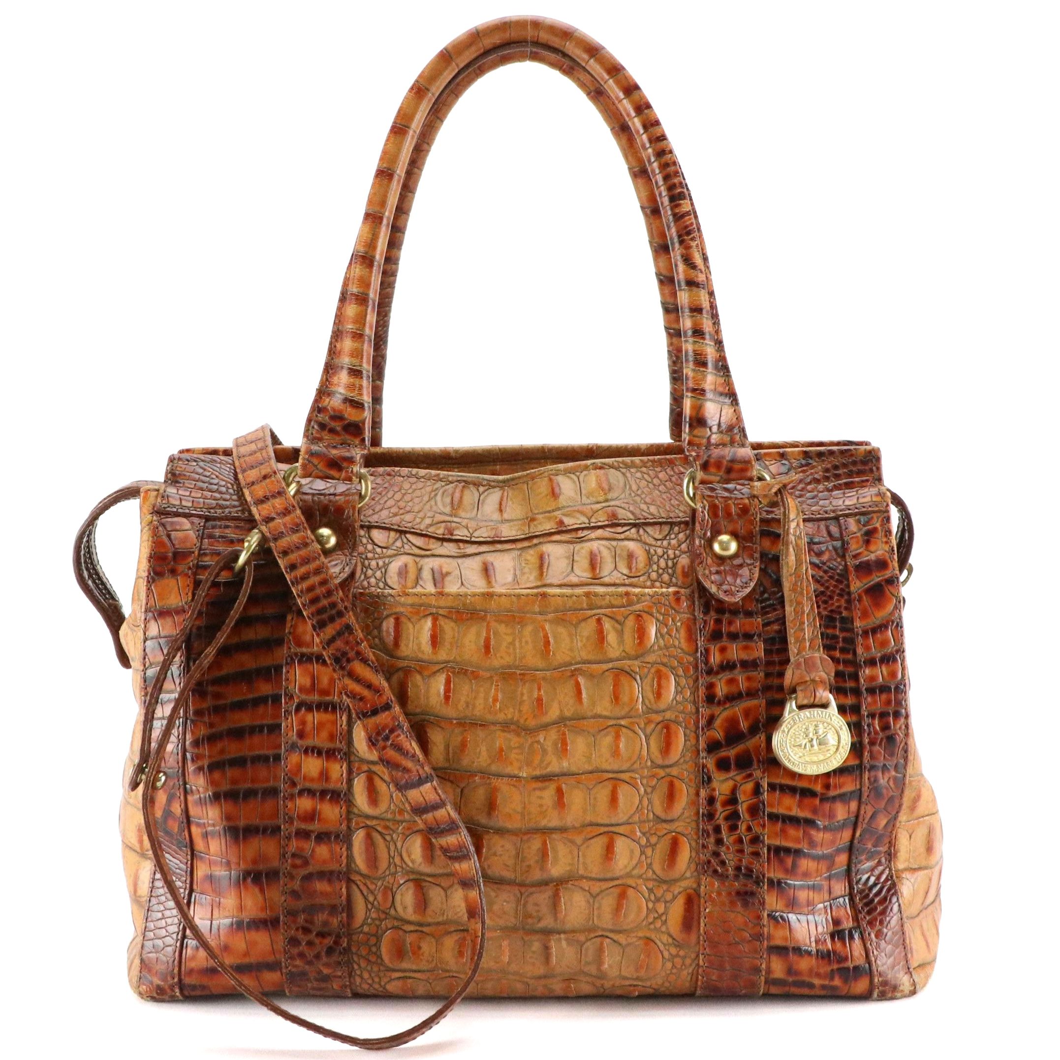 Brahmin Two-Way Satchel Bag in Toasted Almond Melbourne Croc Embossed Leather