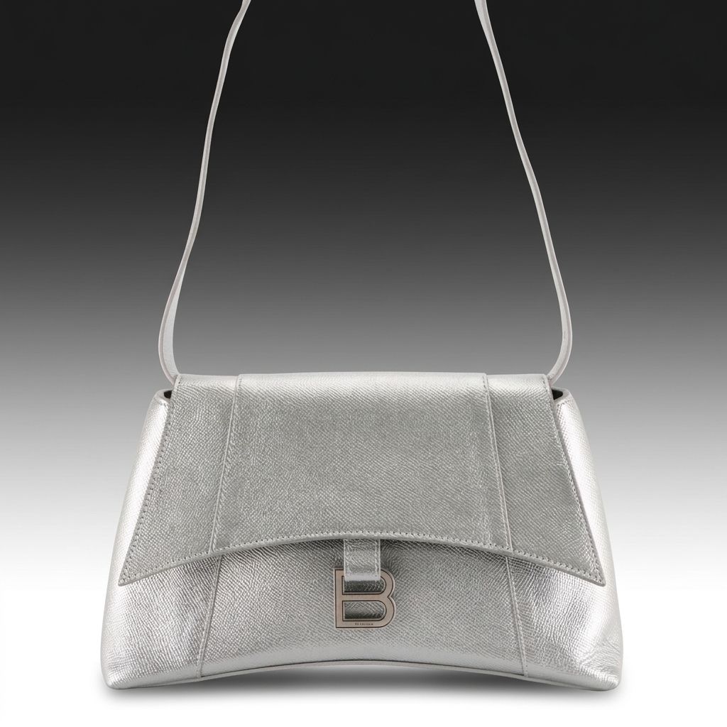 Balenciaga Medium Downtown Shoulder Bag in Silver Metallic Grained Leather