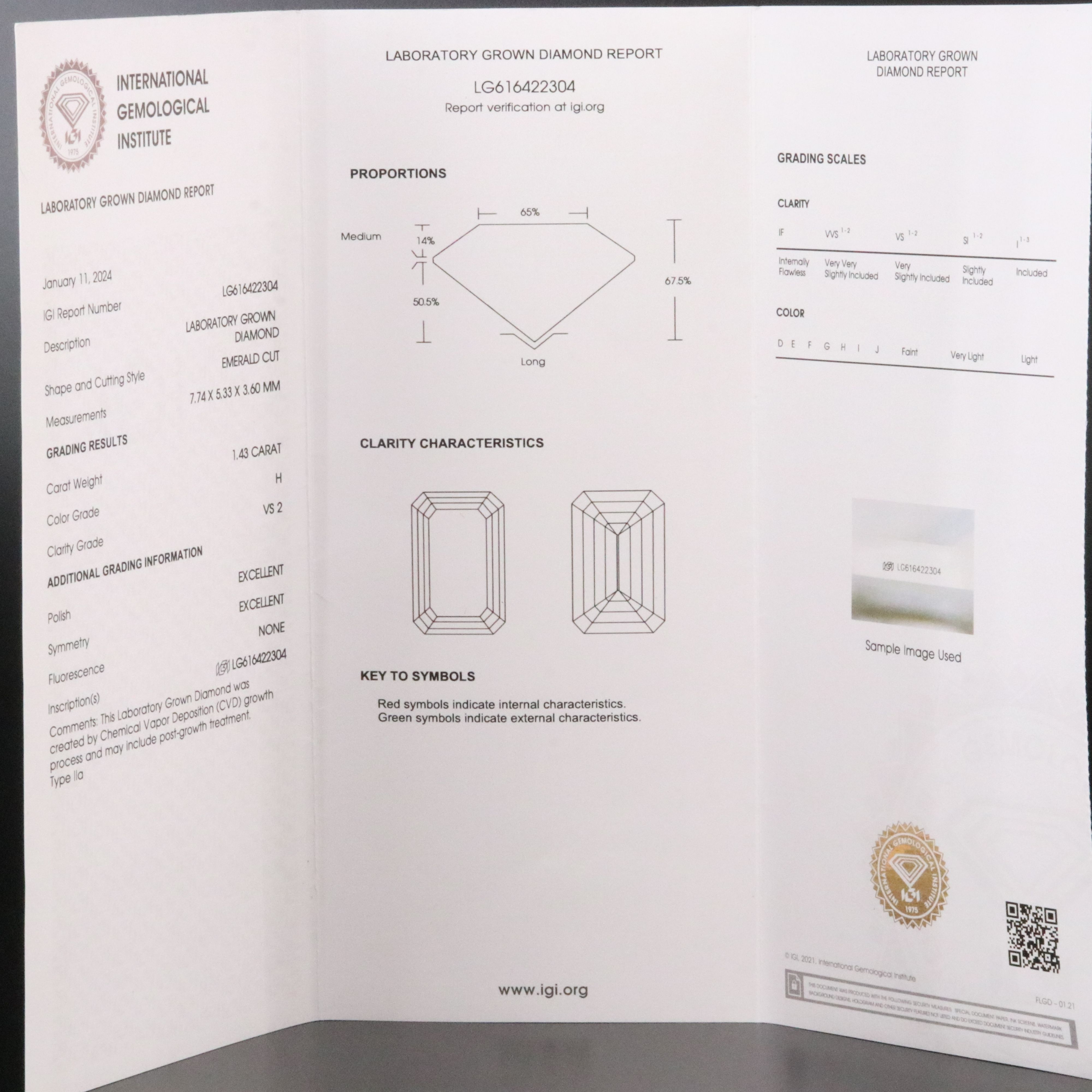 Loose 1.43 CT Lab Grown Diamond with IGI Report