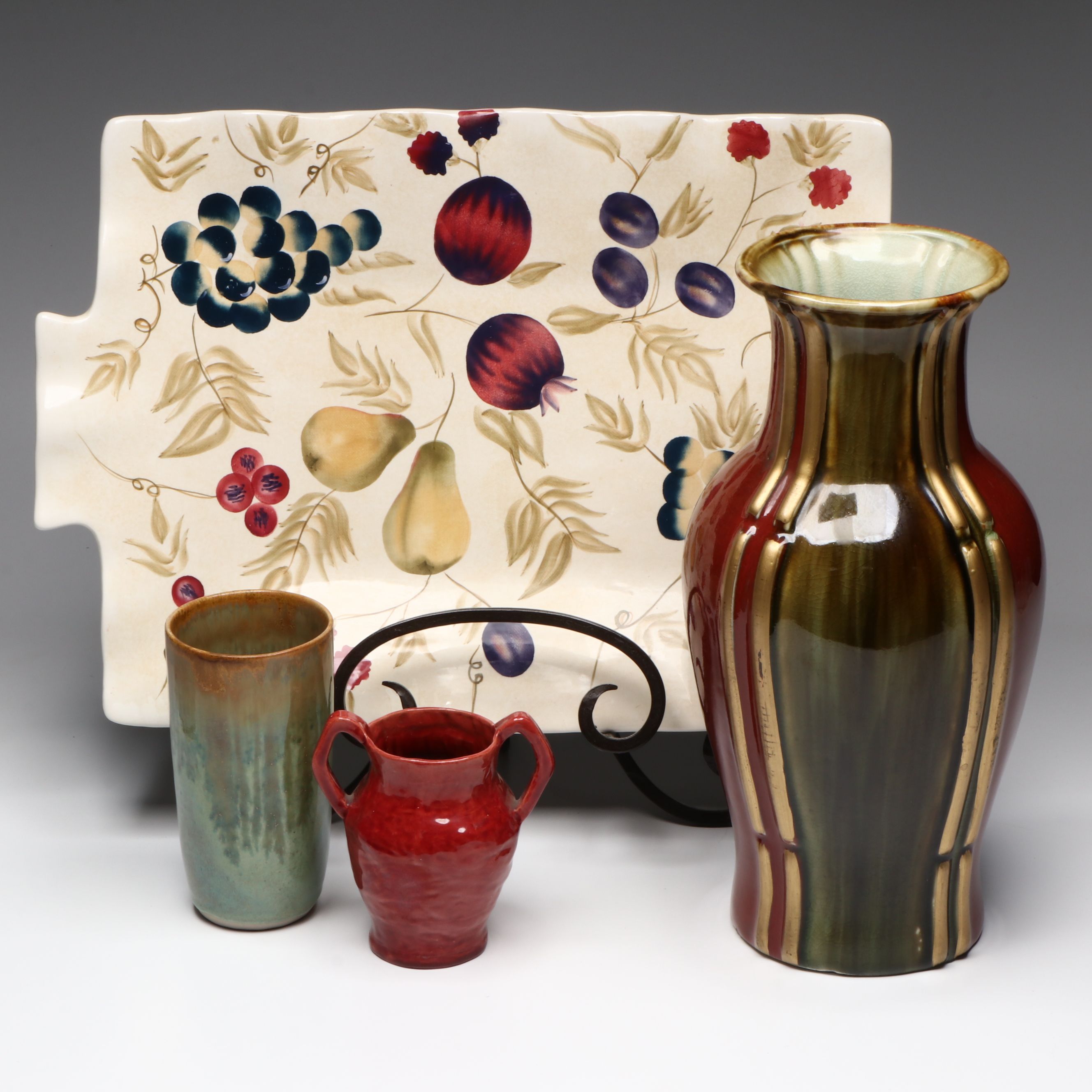 Artist Signed Art Pottery Vases with Other Vase and Century Fruit Platter