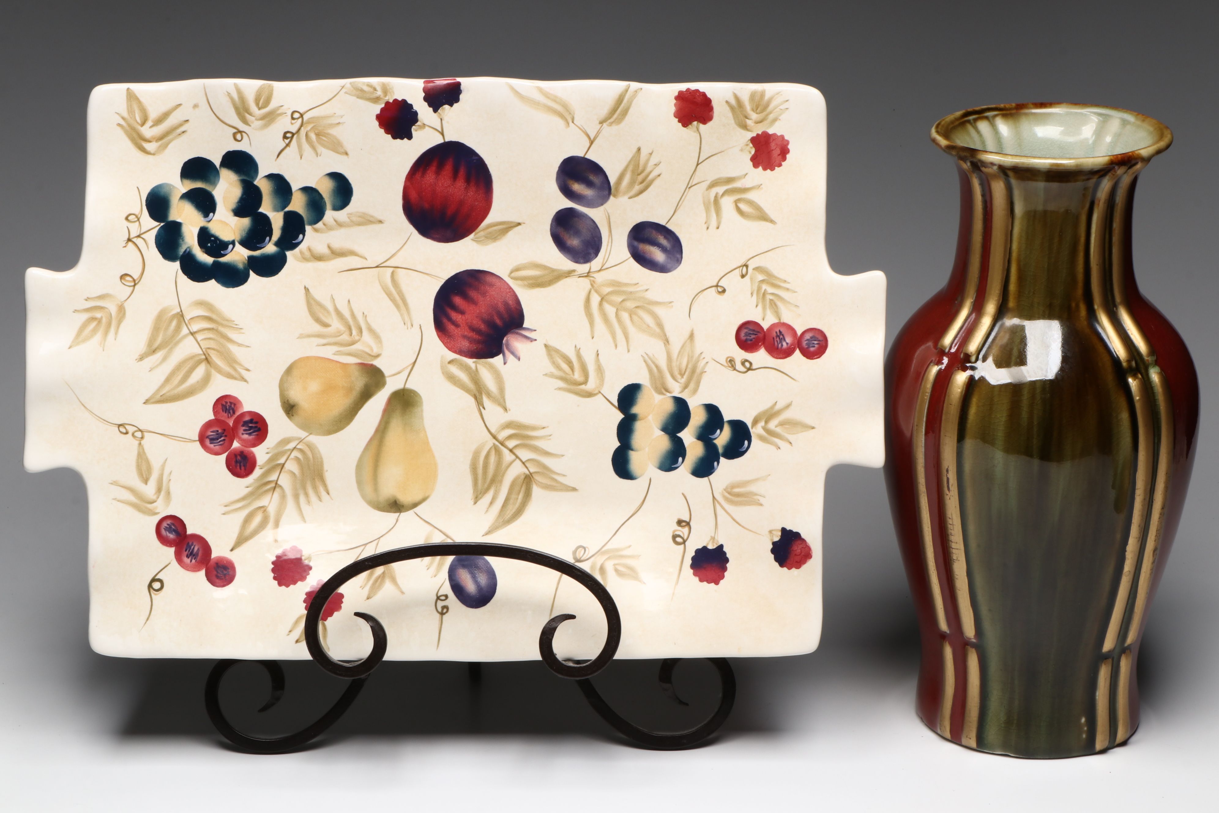 Artist Signed Art Pottery Vases with Other Vase and Century Fruit Platter