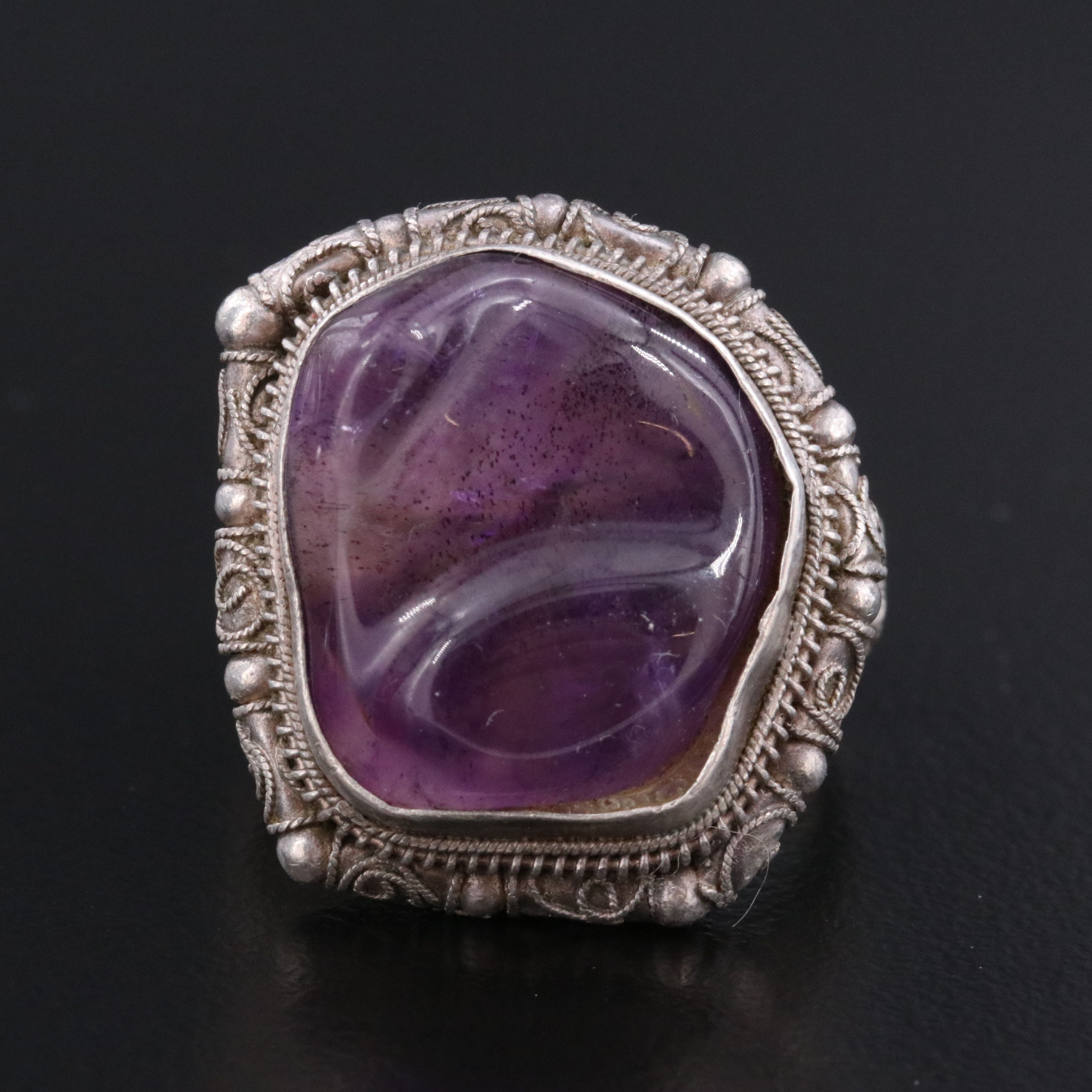 Chinese Export Sterling Amethyst Filigree Ring