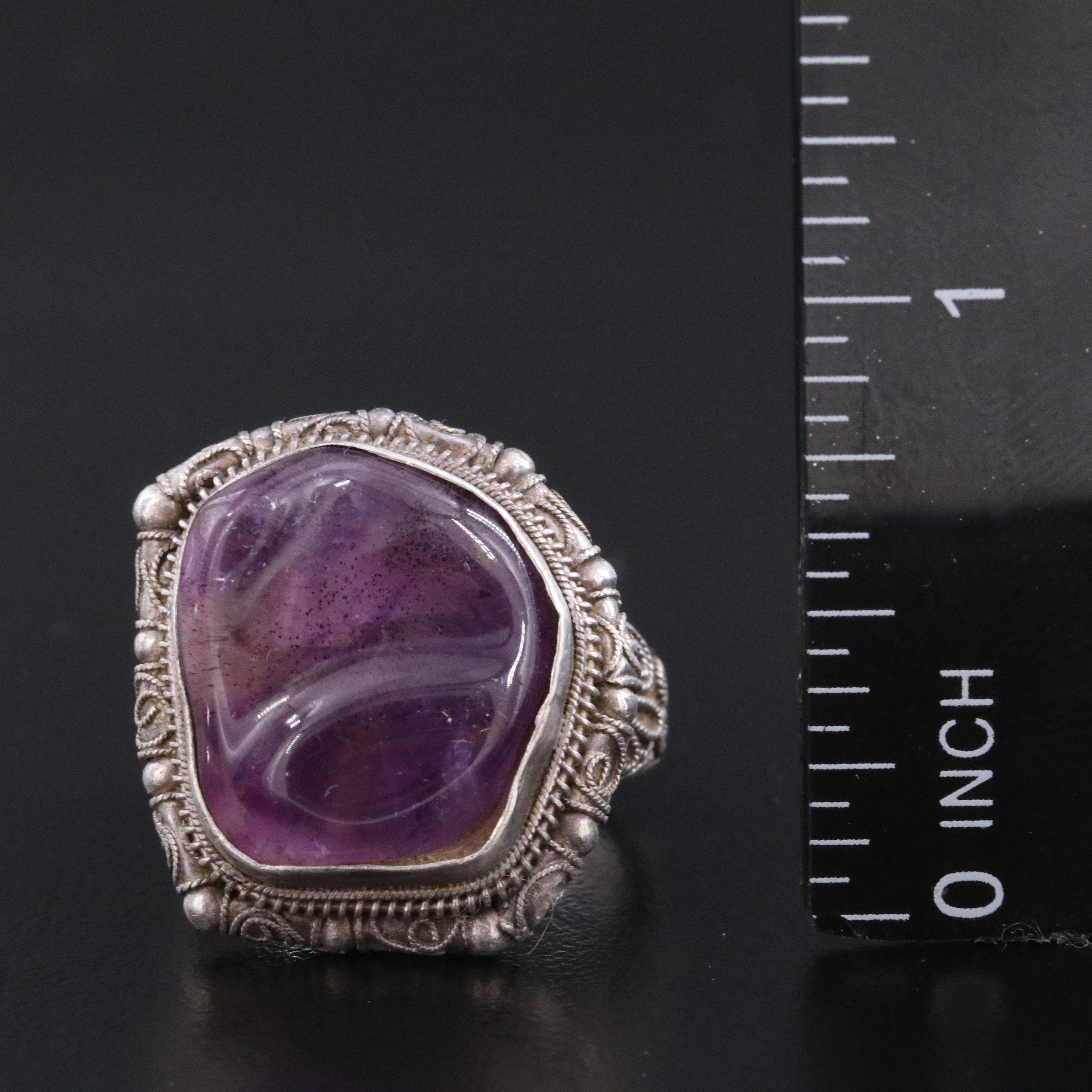 Chinese Export Sterling Amethyst Filigree Ring