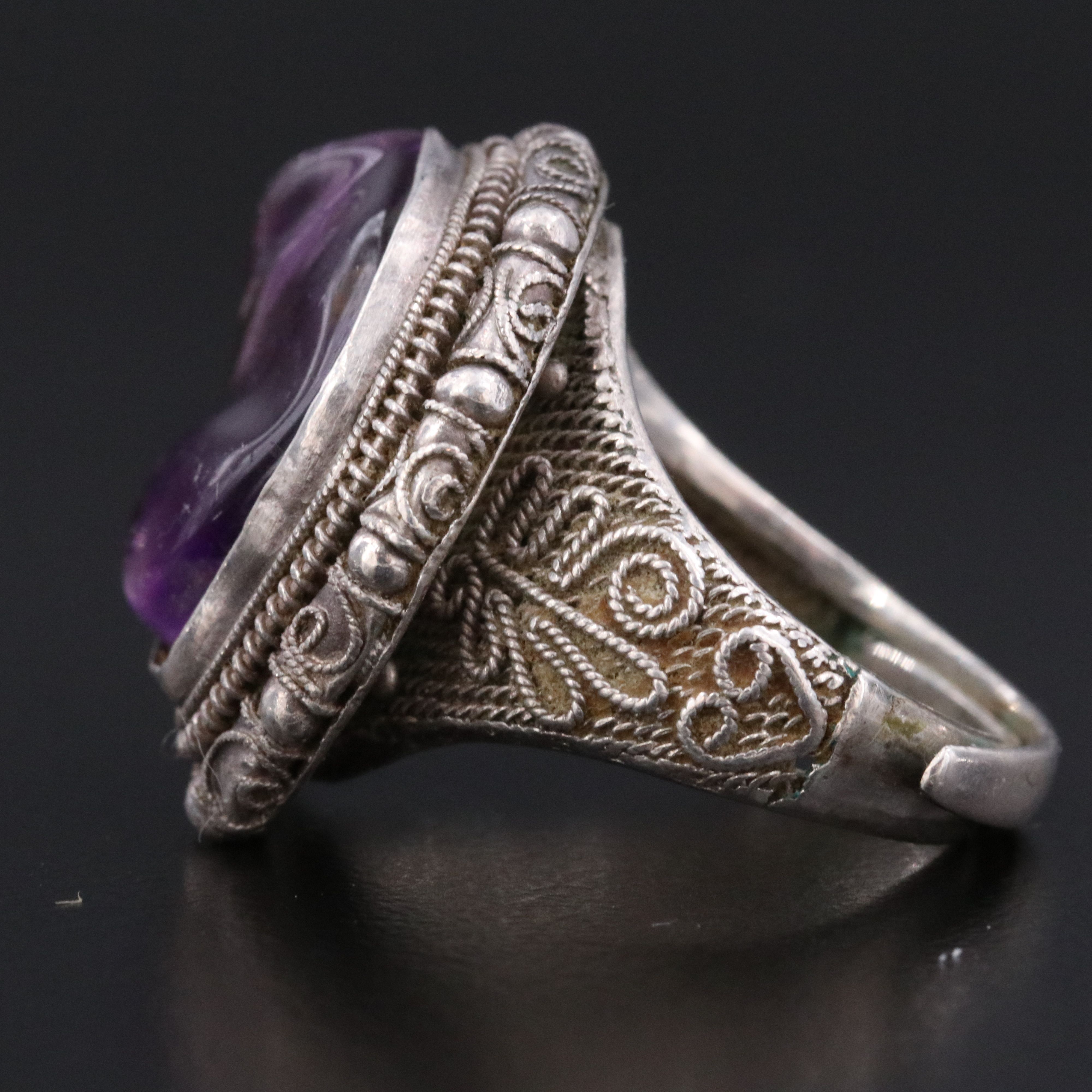 Chinese Export Sterling Amethyst Filigree Ring
