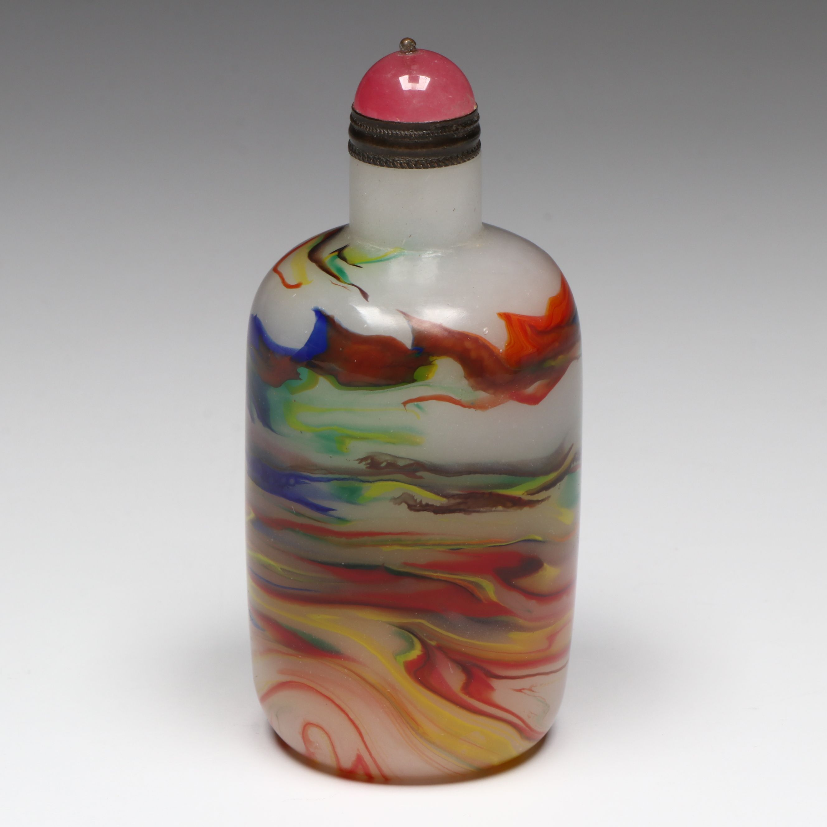 Polychrome Swirled Glass Snuff Bottle with Quench Crackled Quartz Cap