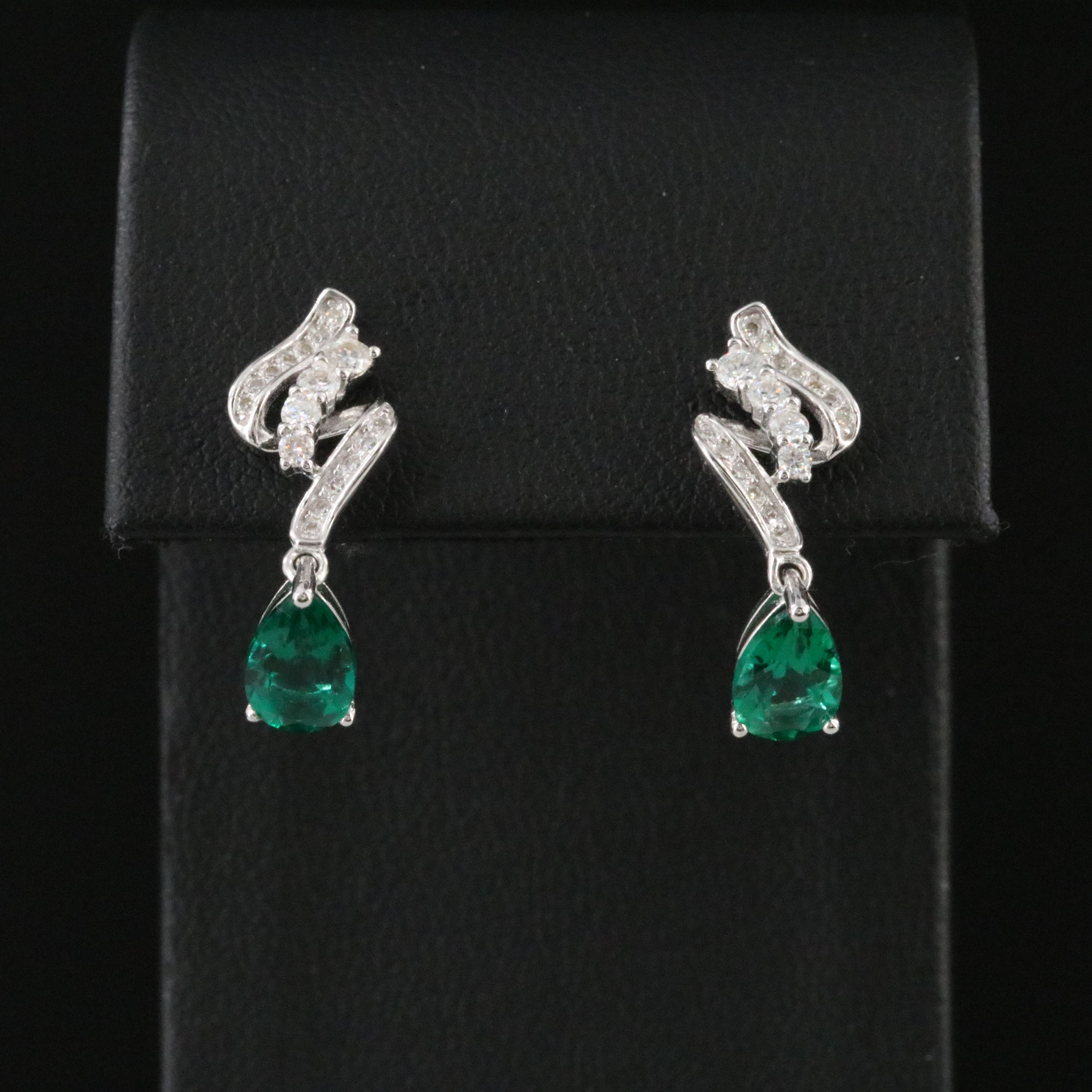 Sterling Emerald and Moissanite Ribbon Drop Earrings