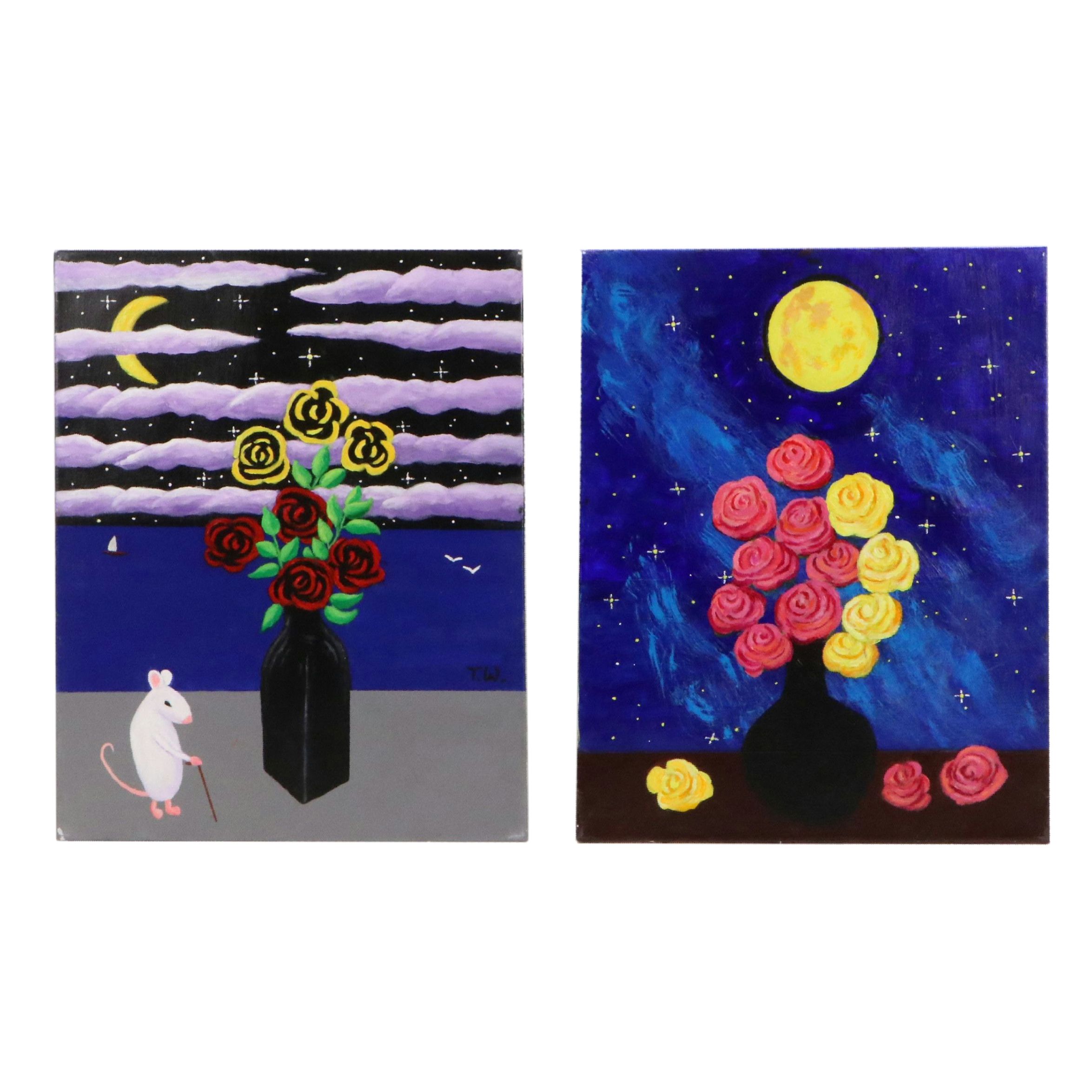 James Thomas Watkins Stylized Nocturne Floral Still Life Acrylic Paintings