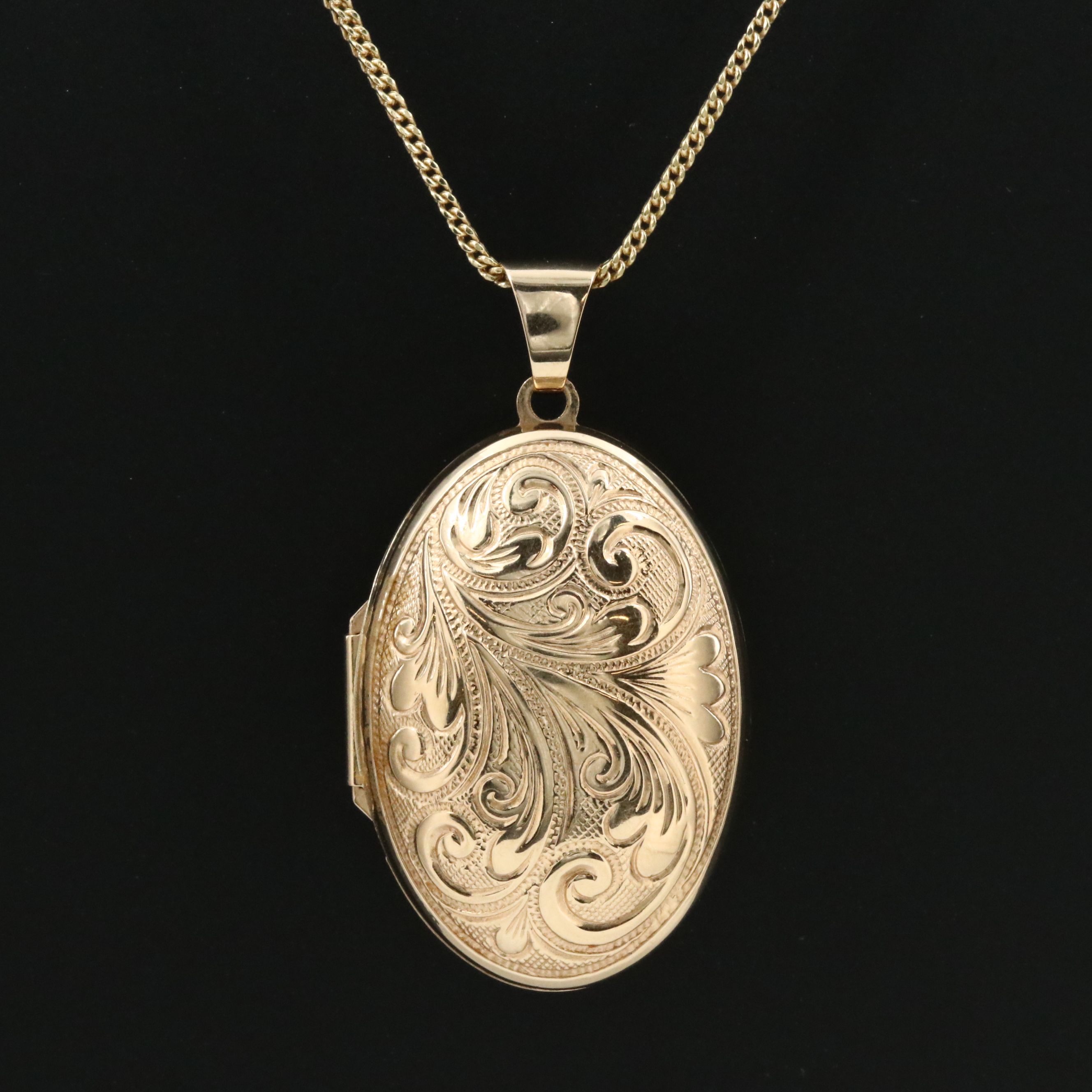 14K Oval Chased Locket on 10K Chain Necklace