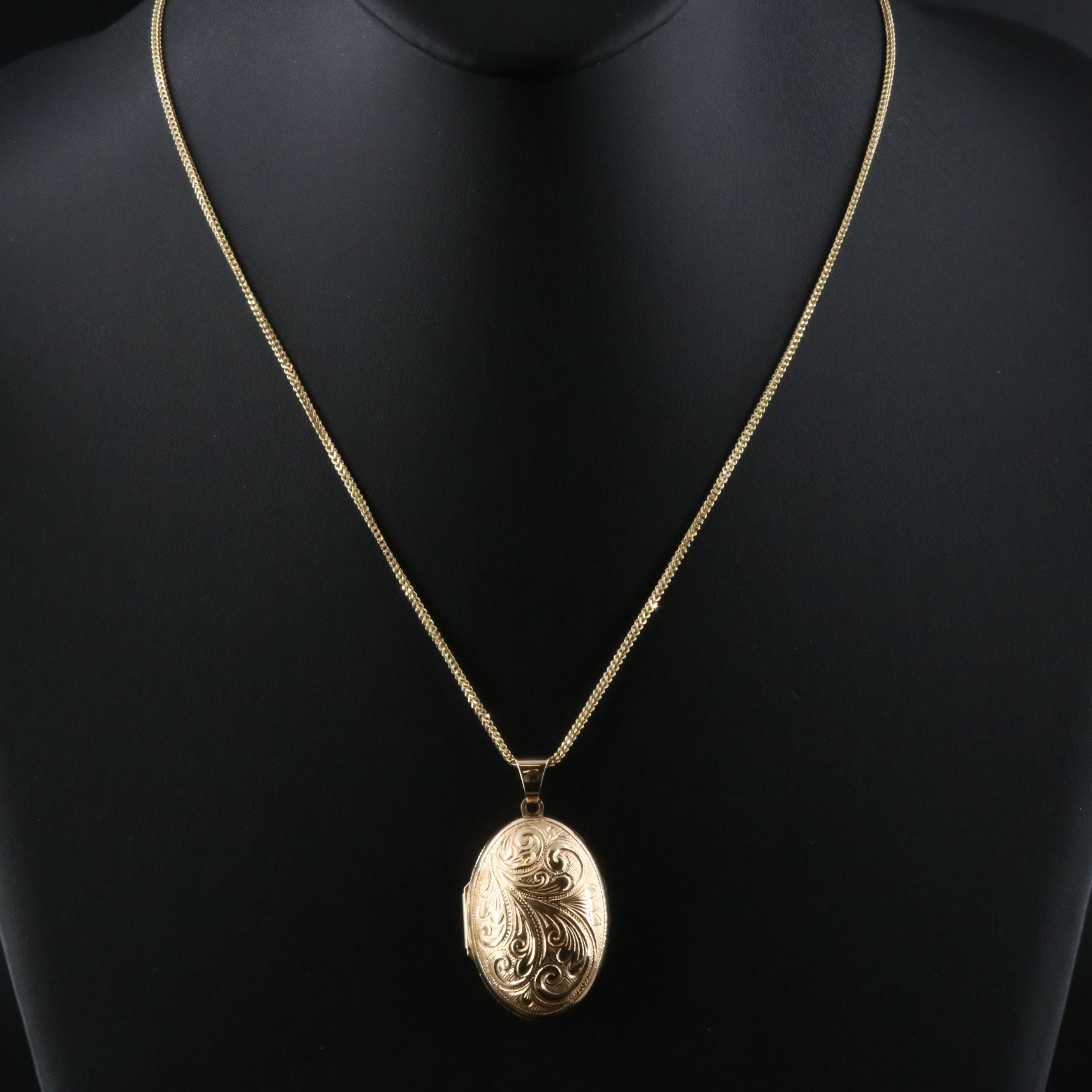 14K Oval Chased Locket on 10K Chain Necklace