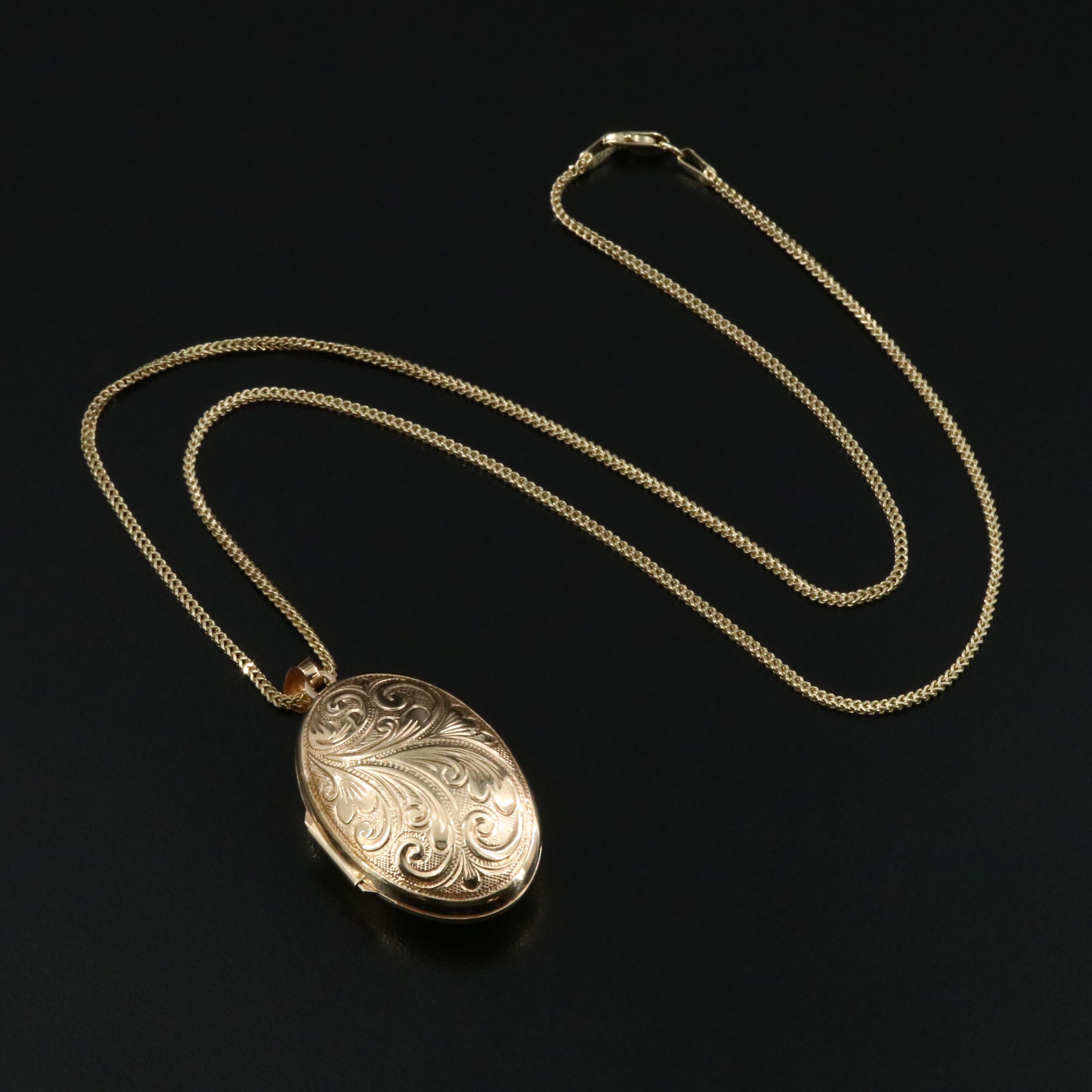 14K Oval Chased Locket on 10K Chain Necklace