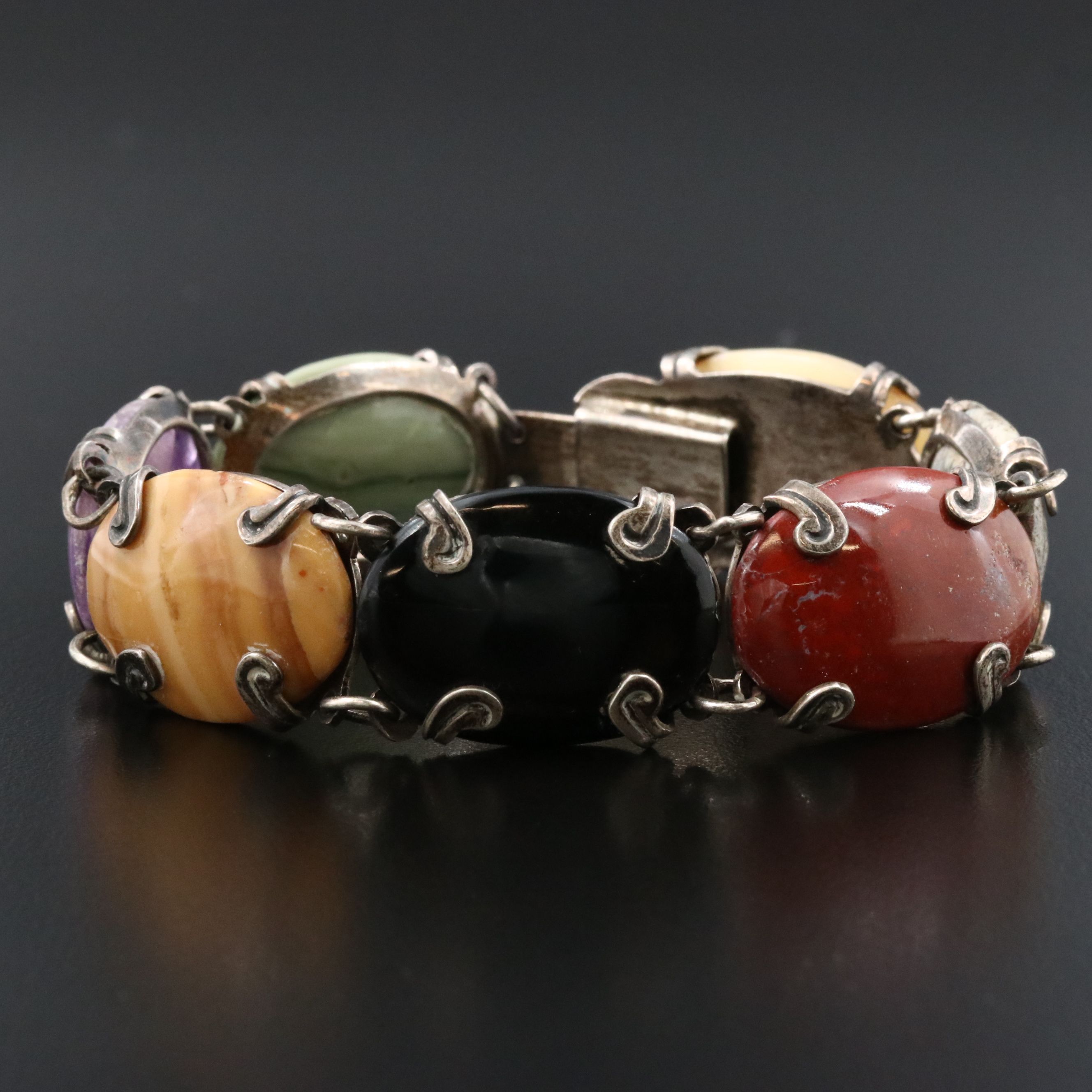 Taxco Sterling Jasper, Agate and Amethyst Gemstone Bracelet Vintage