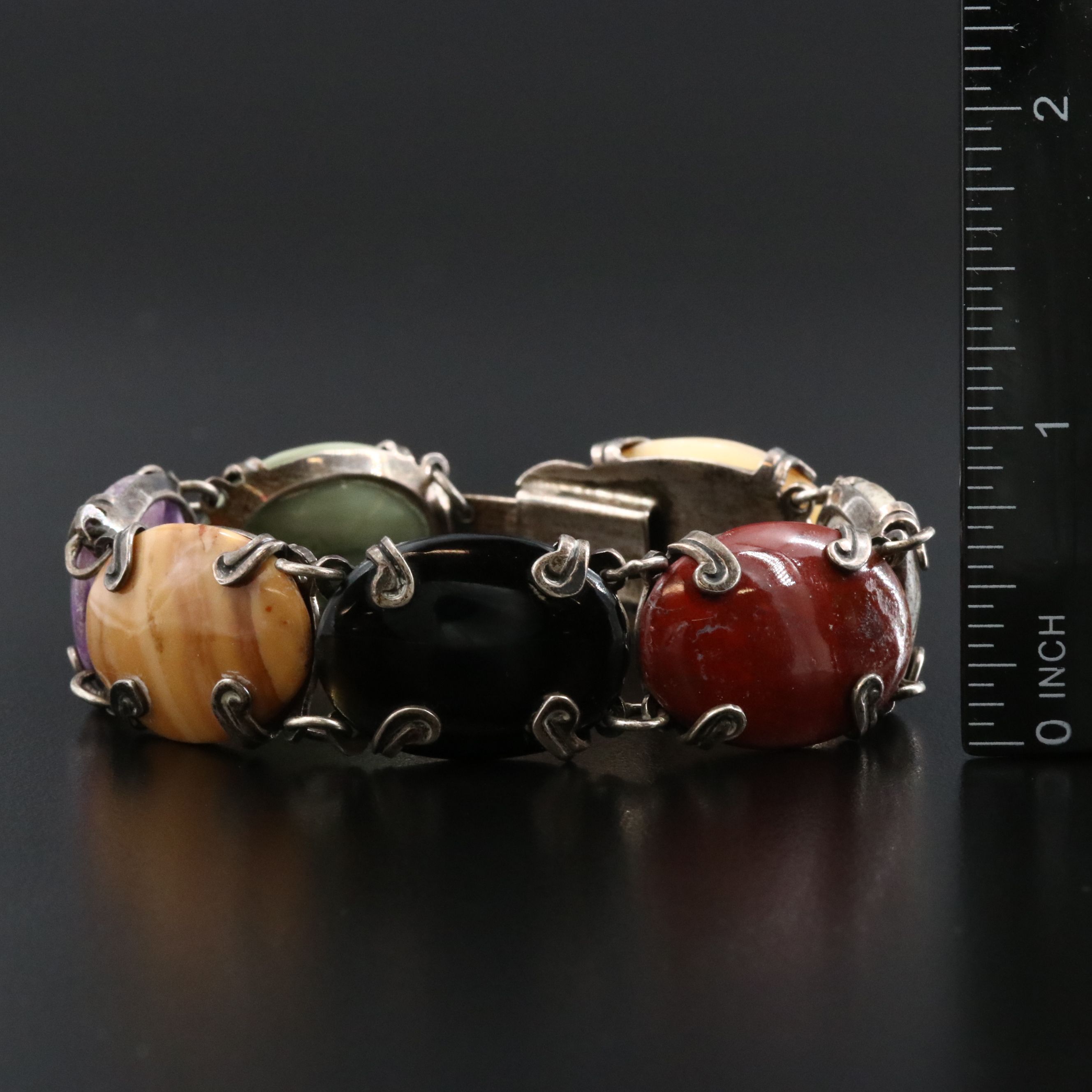 Taxco Sterling Jasper, Agate and Amethyst Gemstone Bracelet Vintage