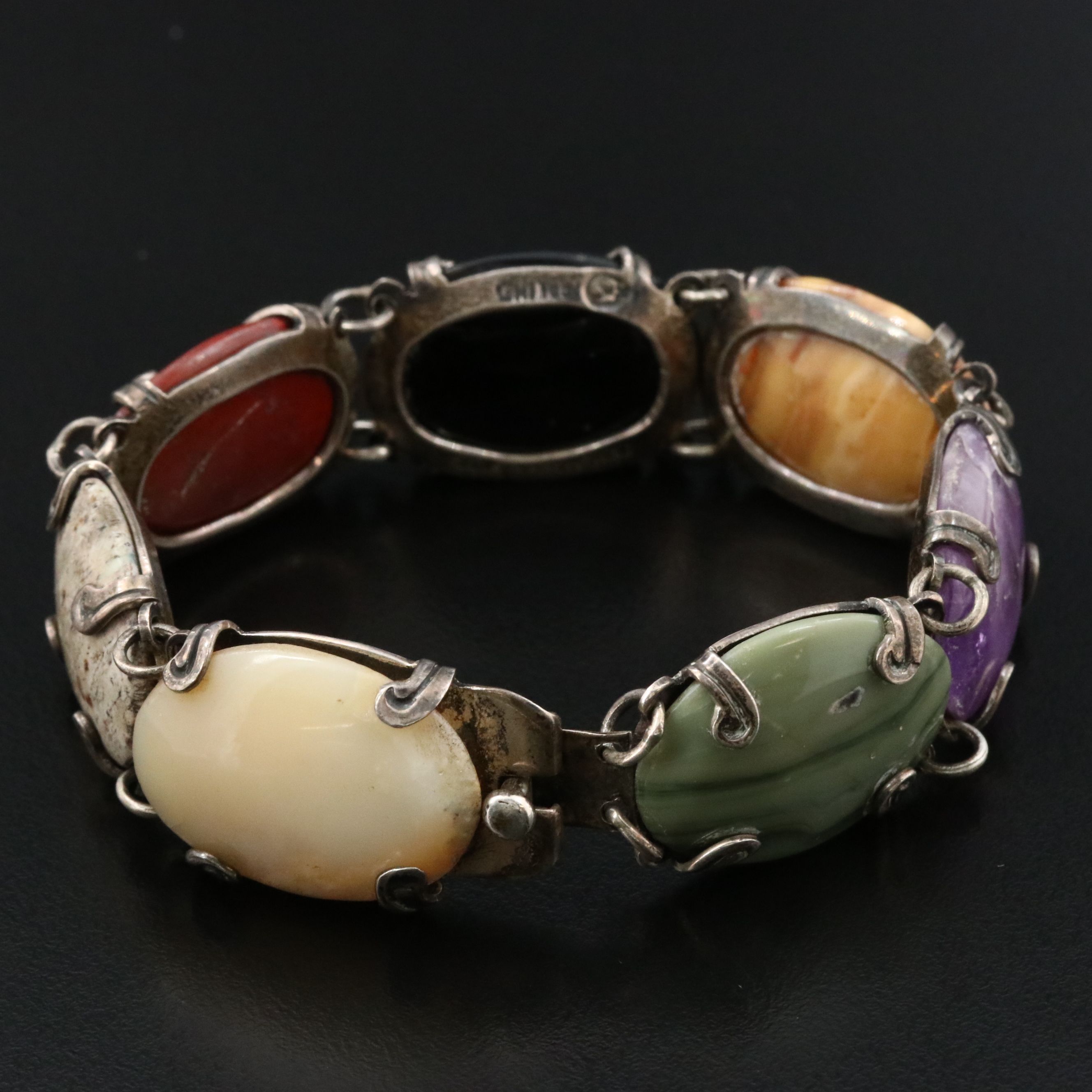 Taxco Sterling Jasper, Agate and Amethyst Gemstone Bracelet Vintage