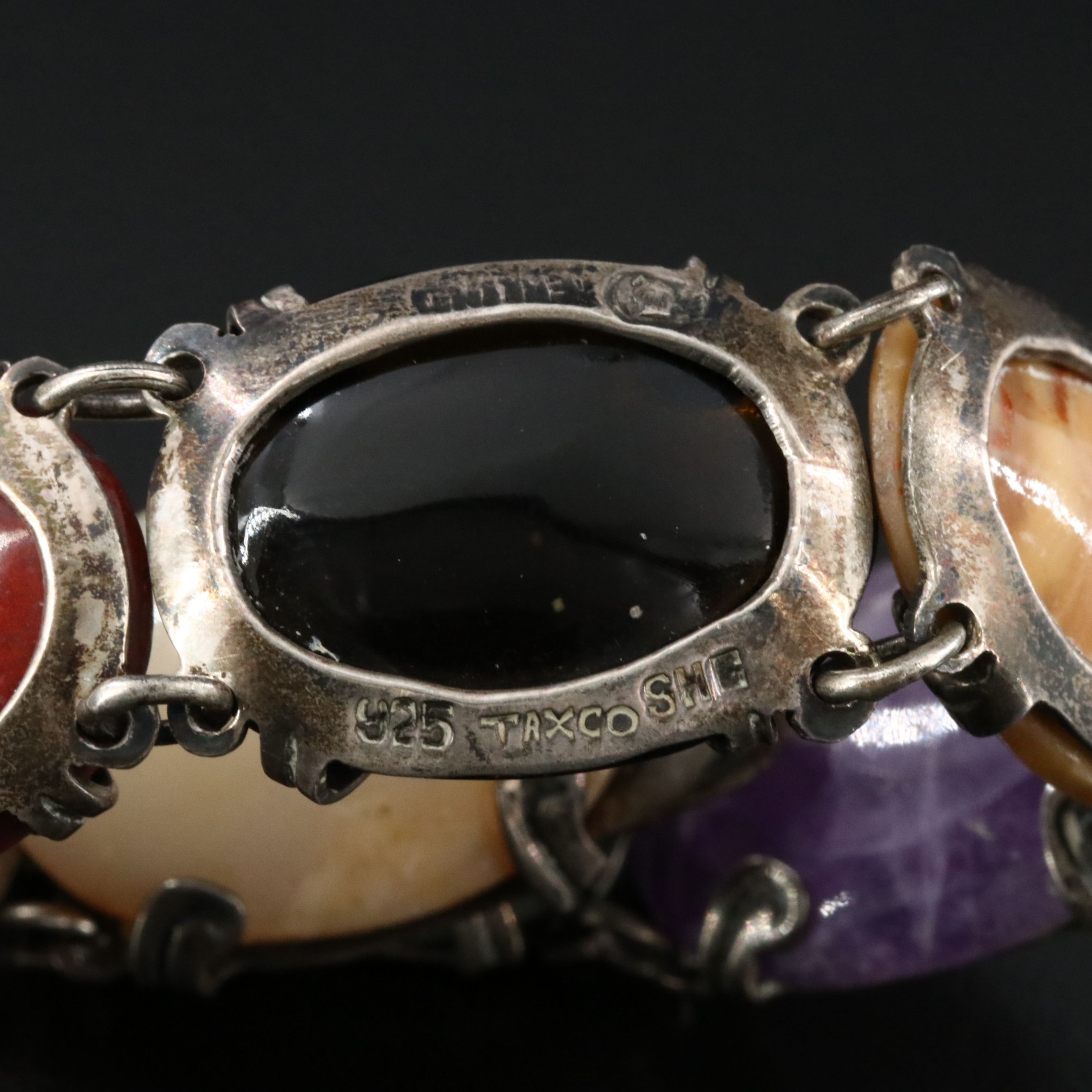 Taxco Sterling Jasper, Agate and Amethyst Gemstone Bracelet Vintage