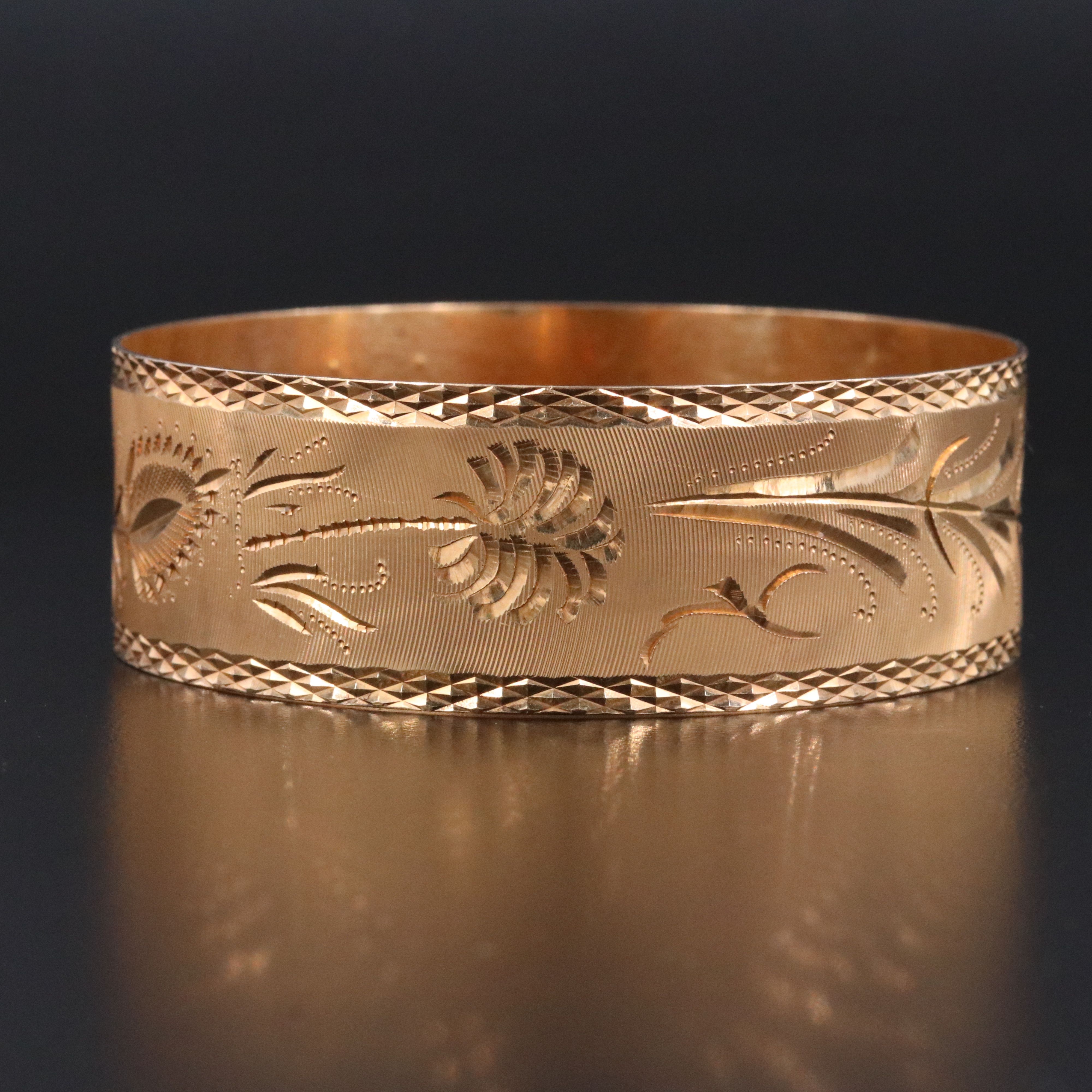 14K Palm and Frond Etched Wide Bangle Bracelet