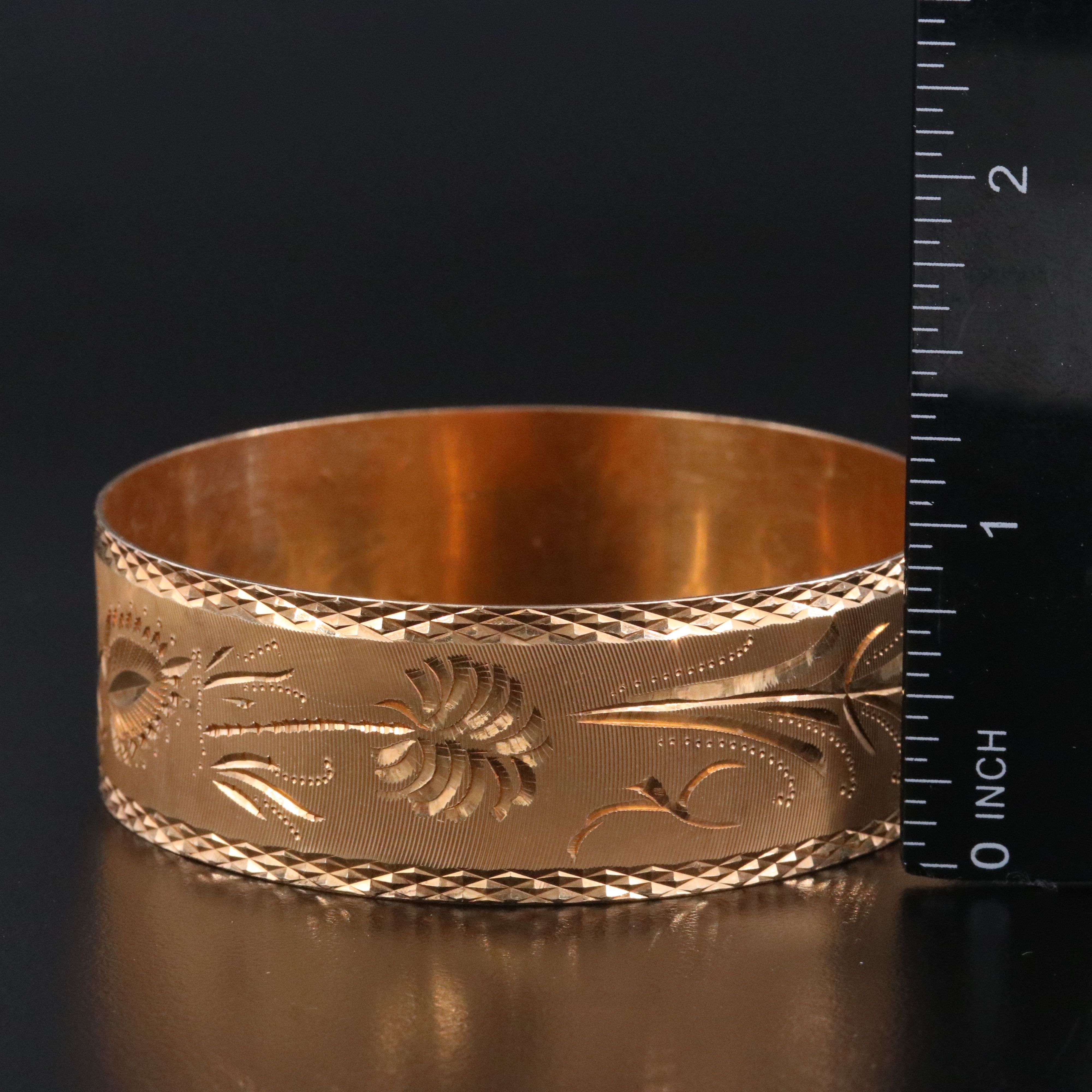 14K Palm and Frond Etched Wide Bangle Bracelet
