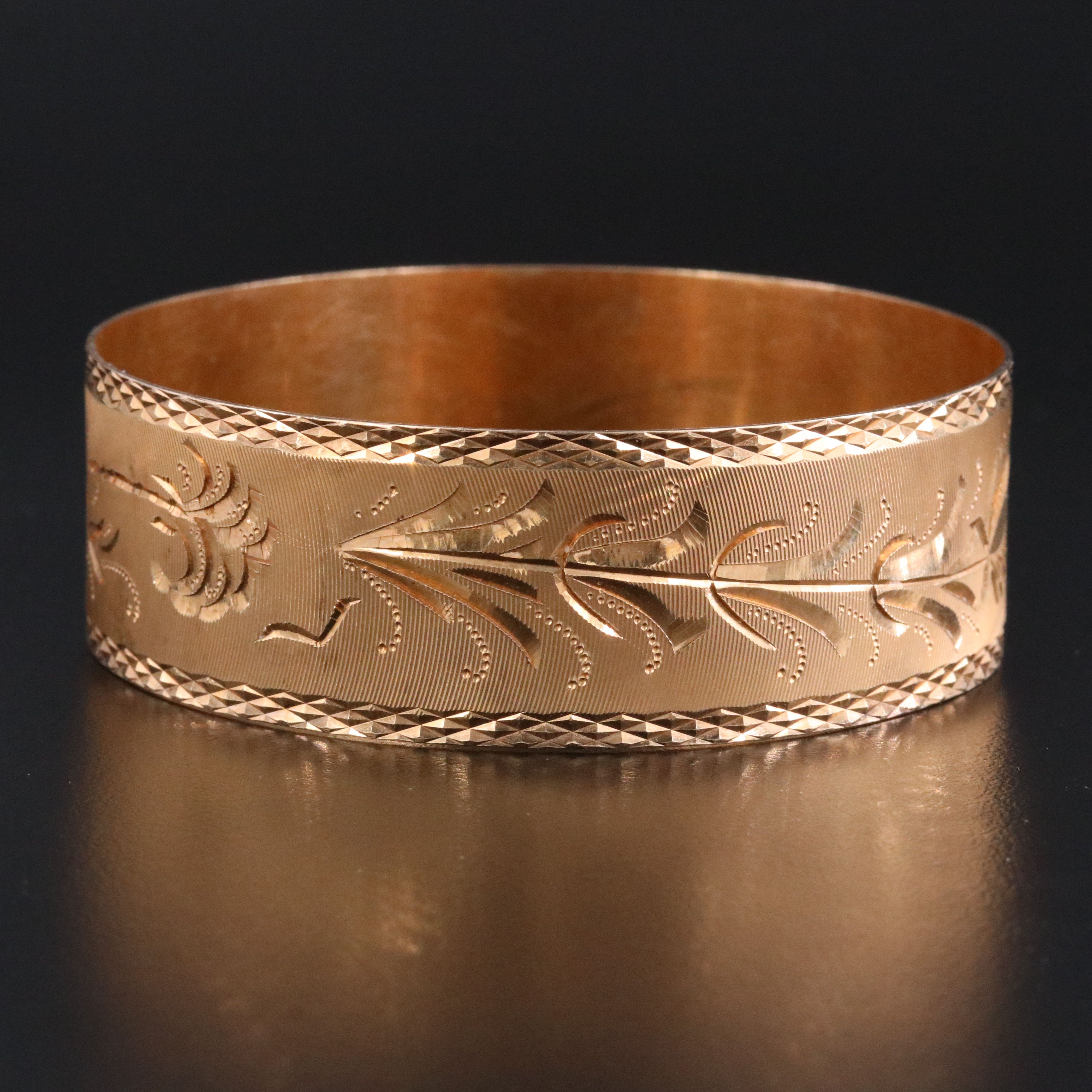 14K Palm and Frond Etched Wide Bangle Bracelet
