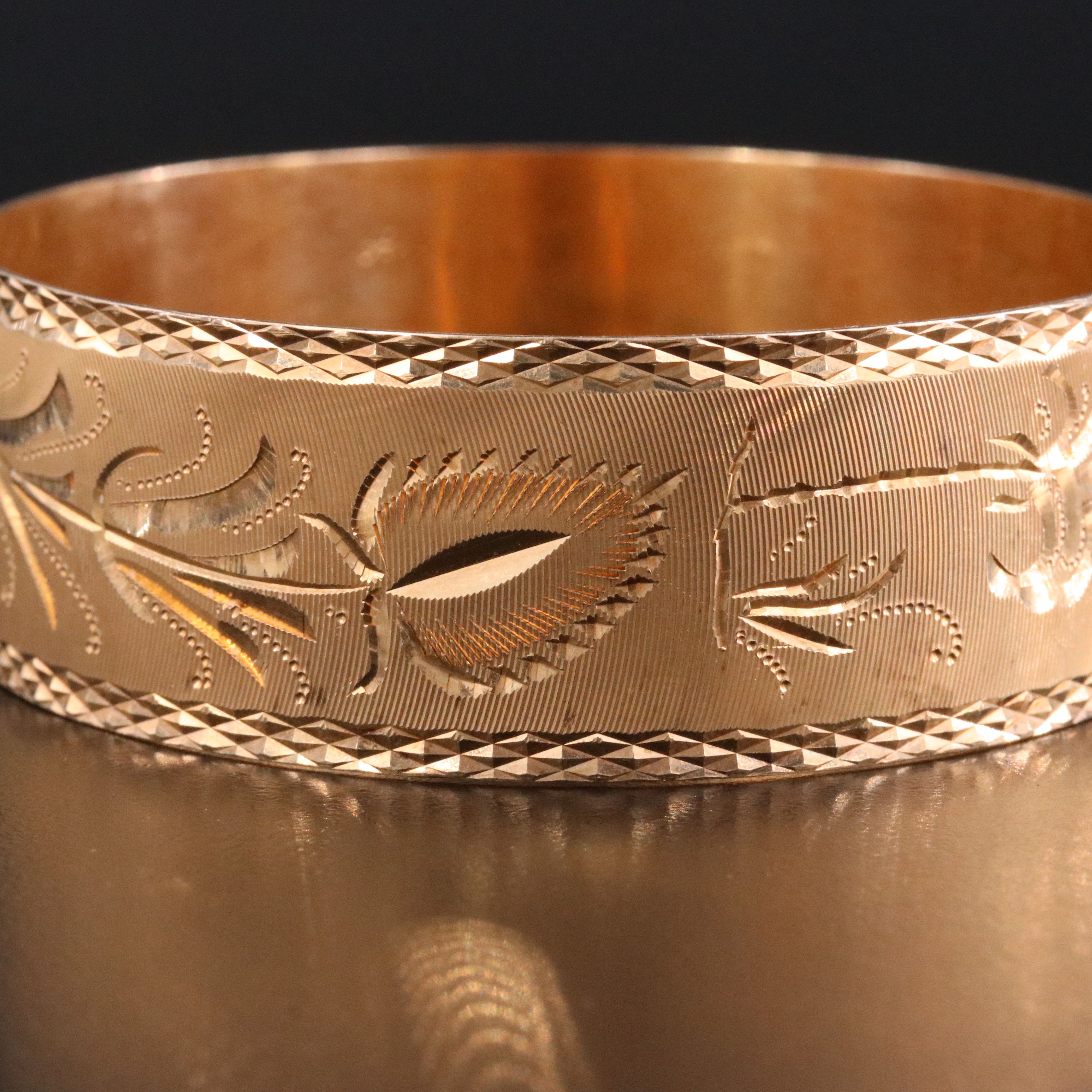 14K Palm and Frond Etched Wide Bangle Bracelet