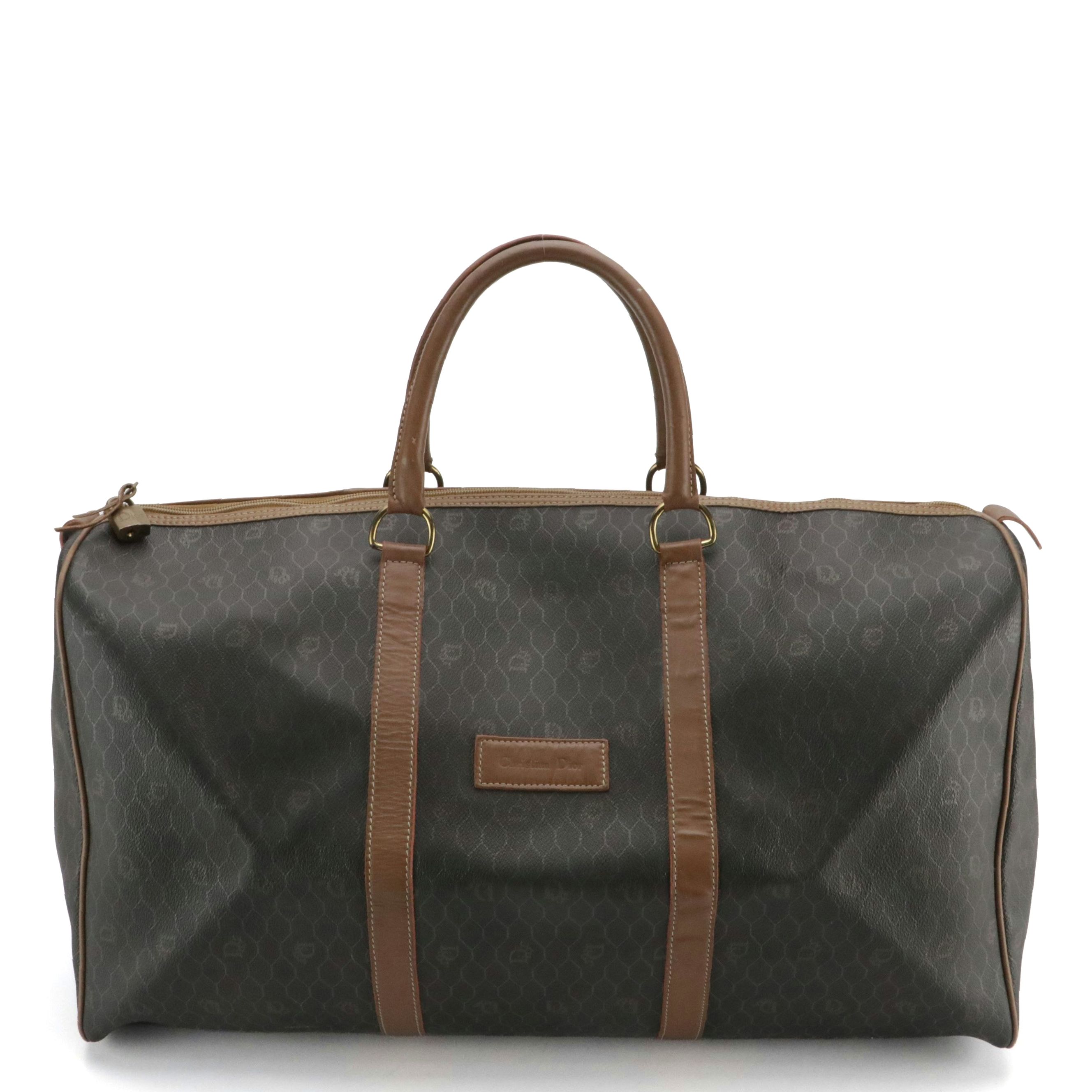 Christian Dior Large Duffle Bag in Honeycomb Canvas and Brown Leather