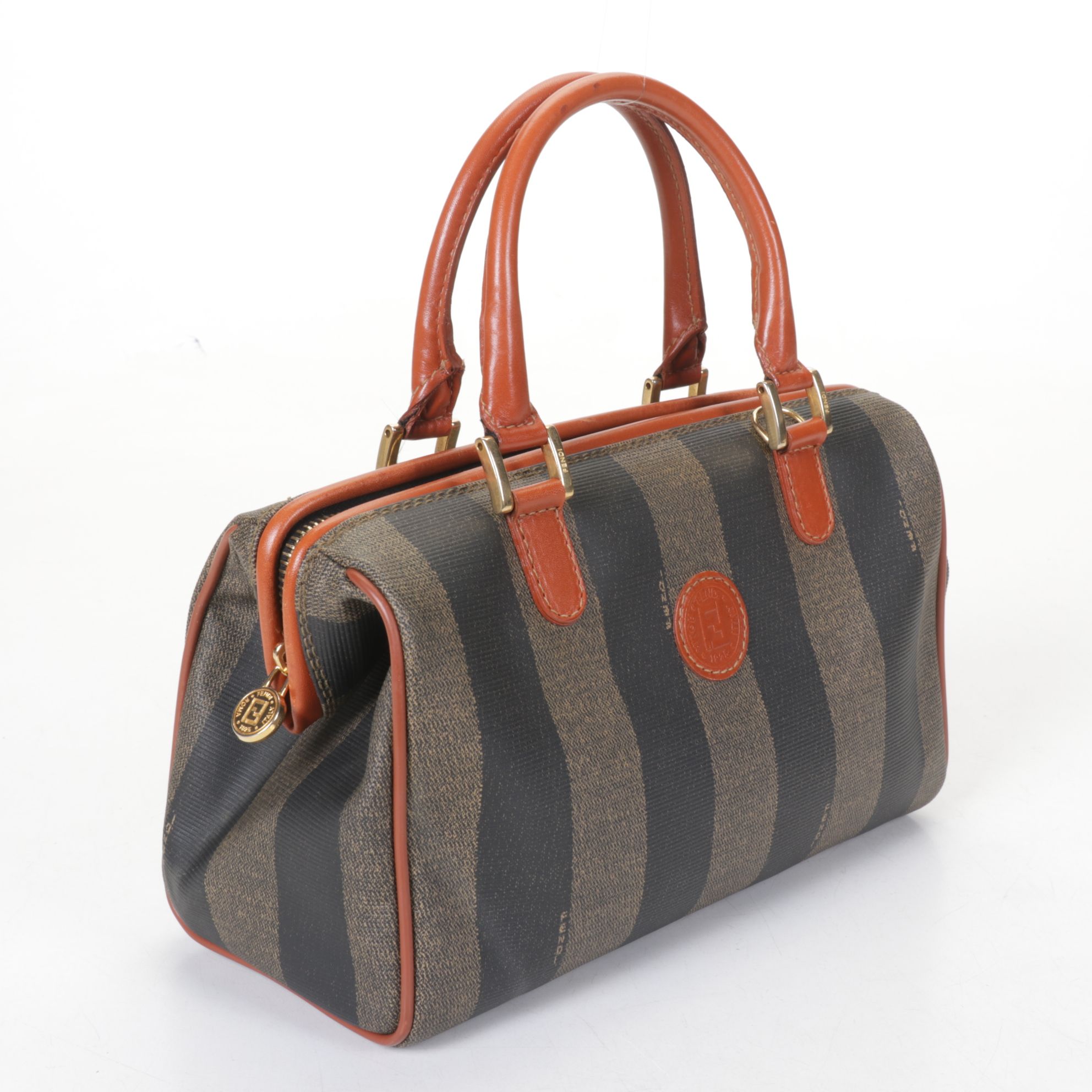 Fendi Boston Bag in Pequin Stripe Coated Canvas and Leather
