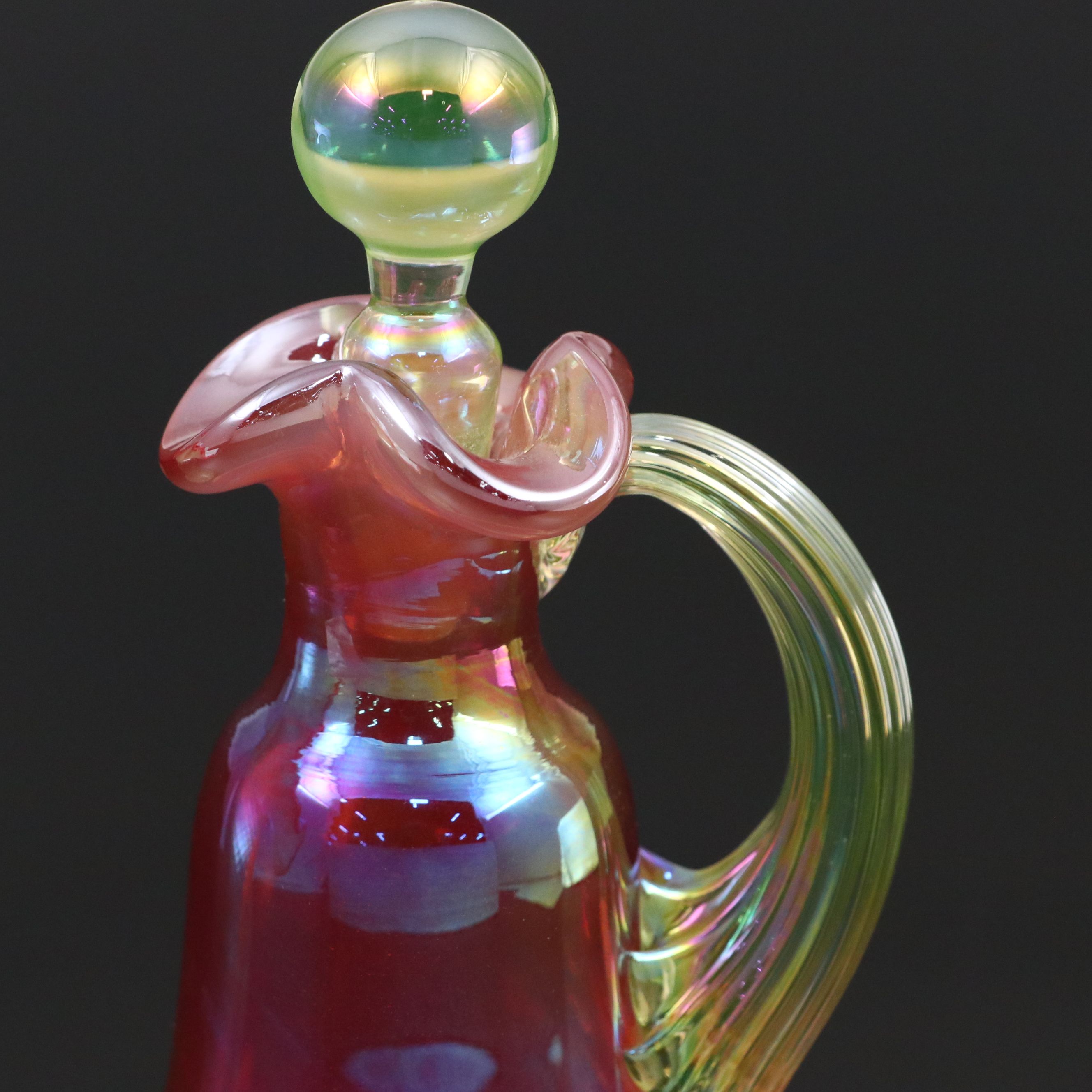 Gibson Uranium Carnival Glass Cruet with Other Uranium Glass Plate and Vase