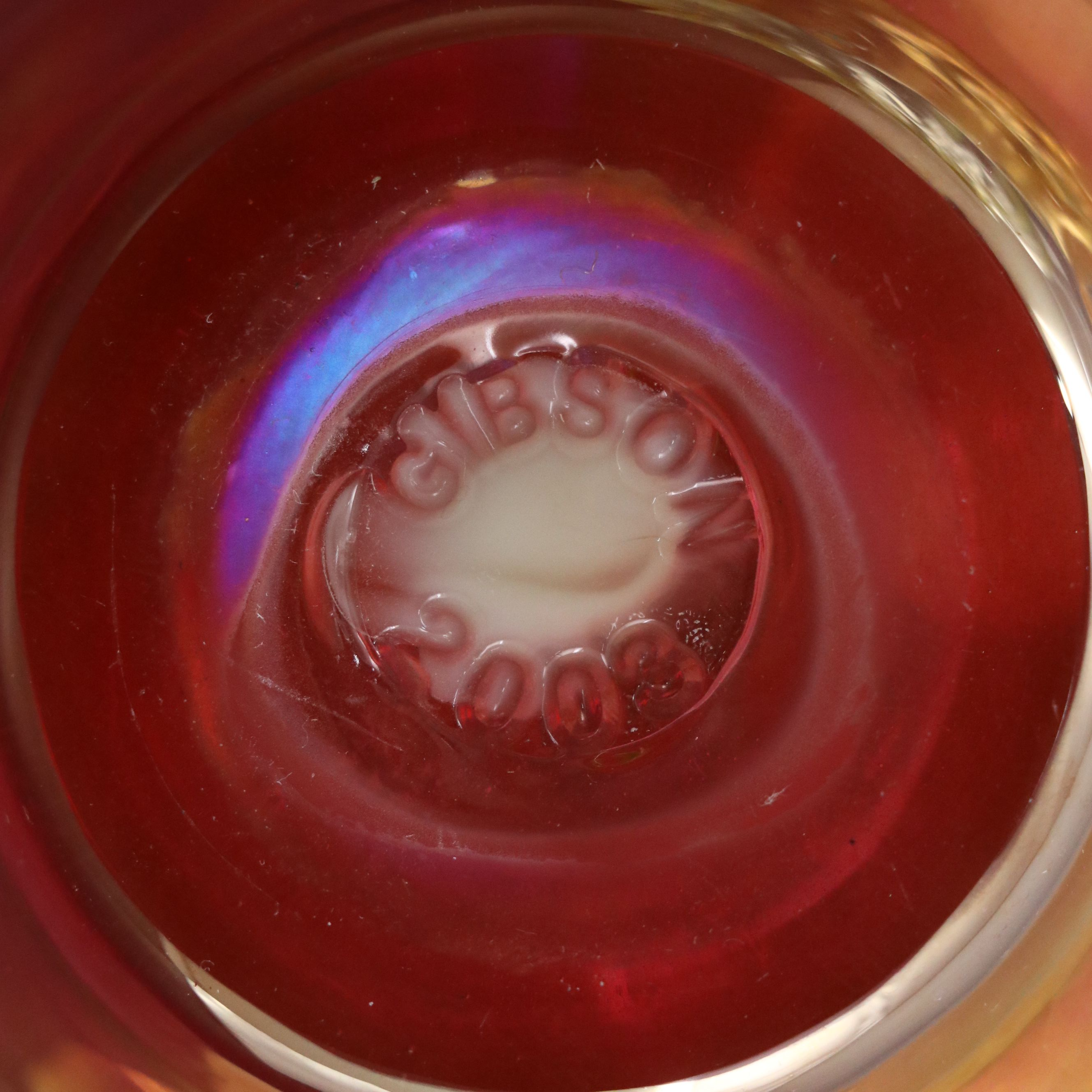 Gibson Uranium Carnival Glass Cruet with Other Uranium Glass Plate and Vase