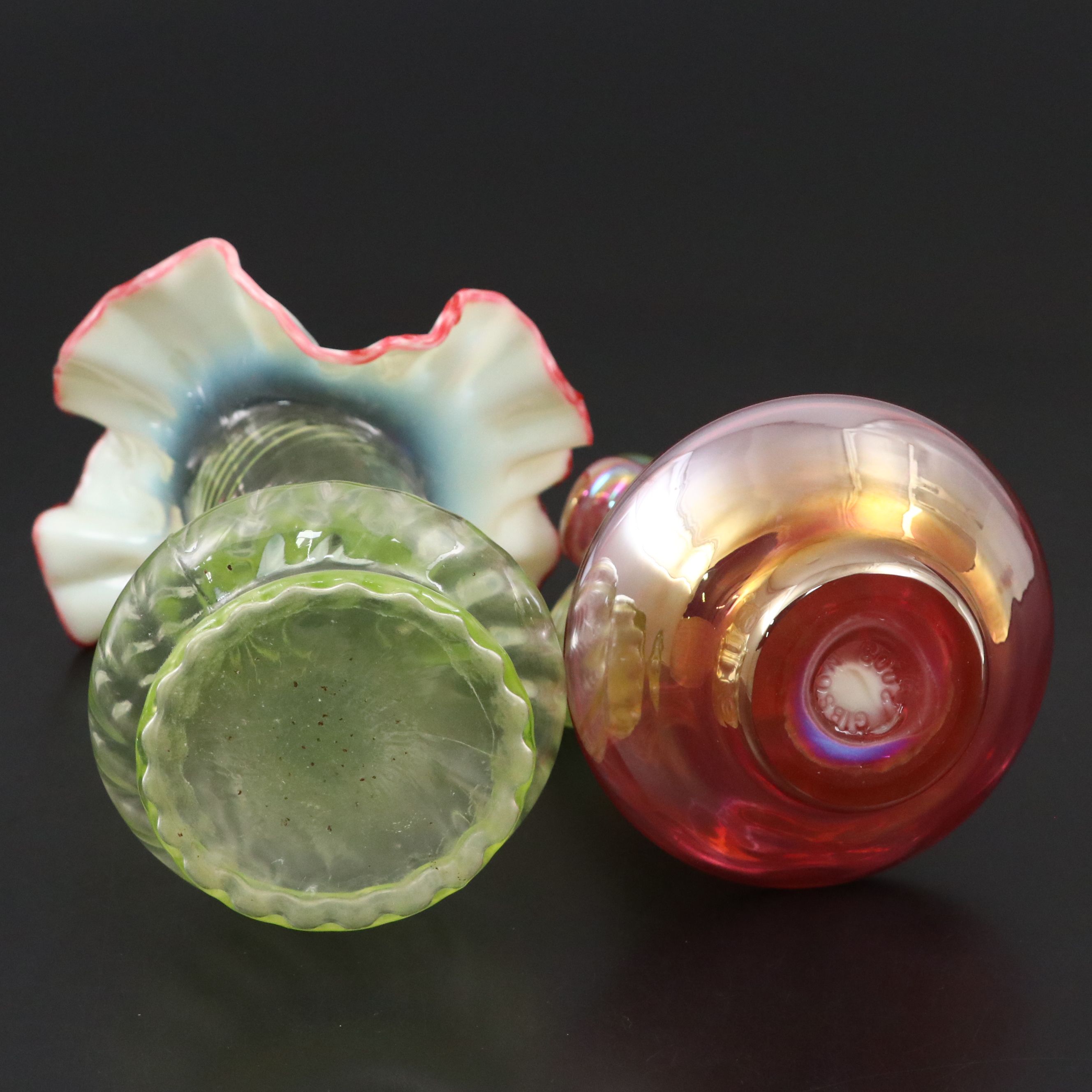 Gibson Uranium Carnival Glass Cruet with Other Uranium Glass Plate and Vase