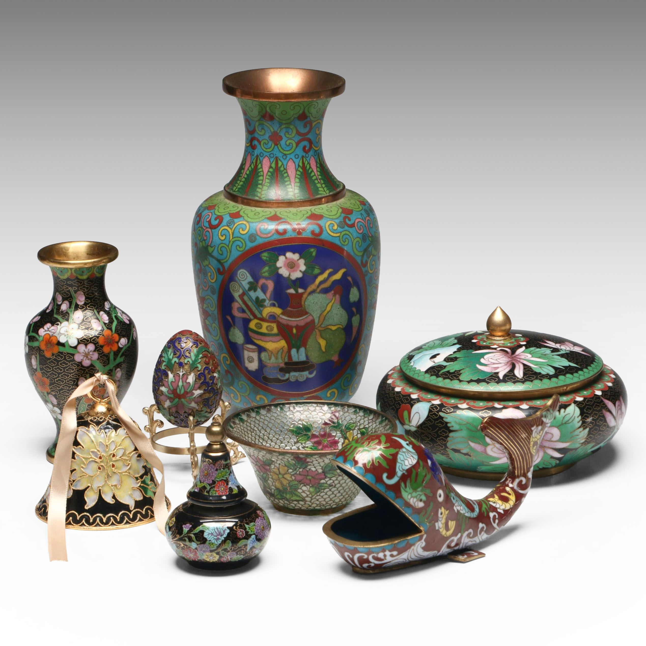 Chinese Floral Cloisonné Vases and Lidded Bowl with Other Table Décor