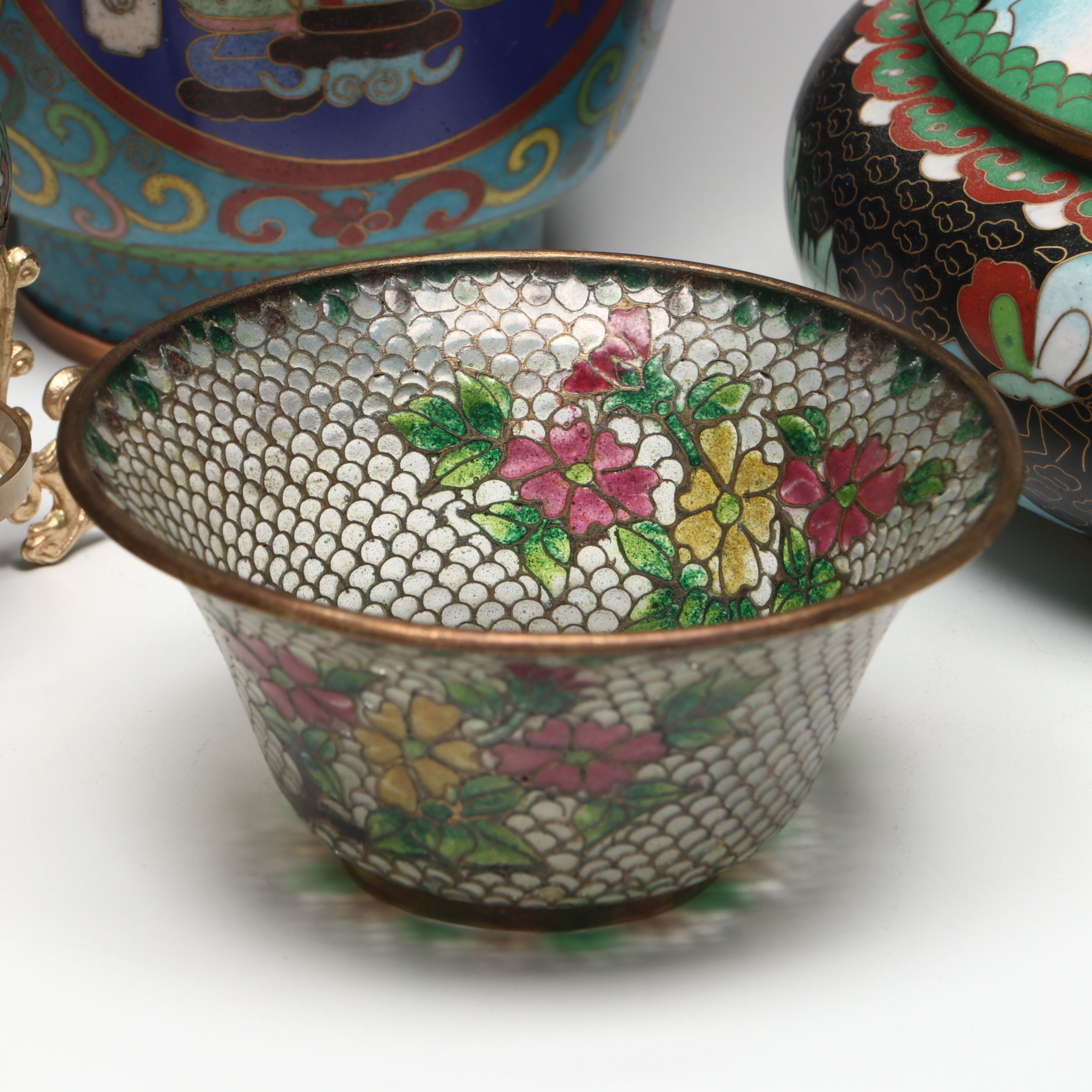 Chinese Floral Cloisonné Vases and Lidded Bowl with Other Table Décor