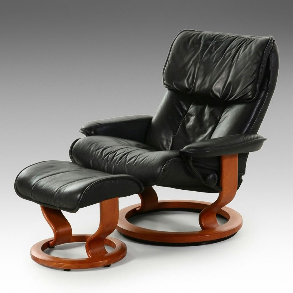 Ekornes Inspired Danish Modern Style Leather Lounge Chair and Ottoman