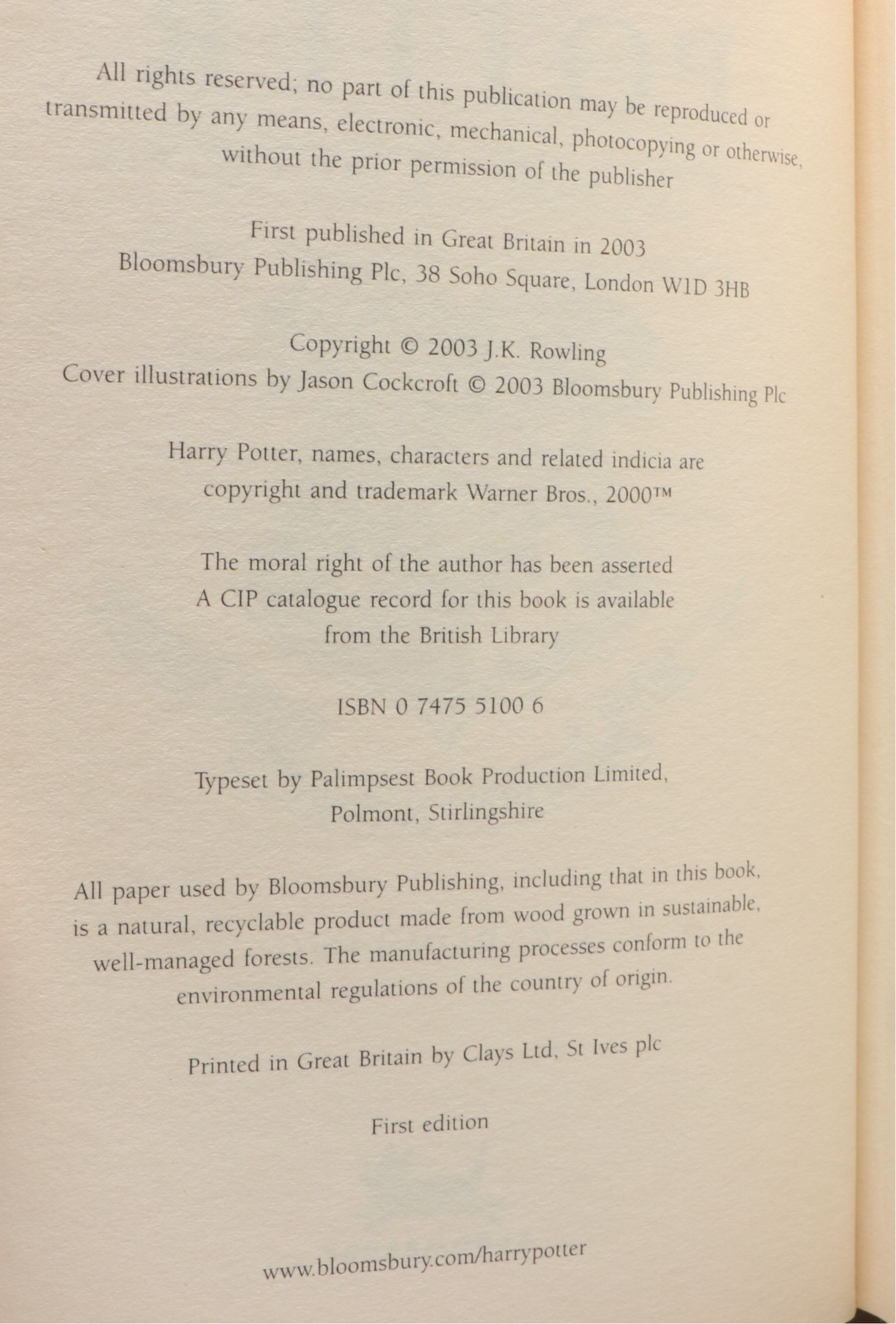 First UK Edition "Harry Potter and the Order of the Phoenix" by J. K. Rowling